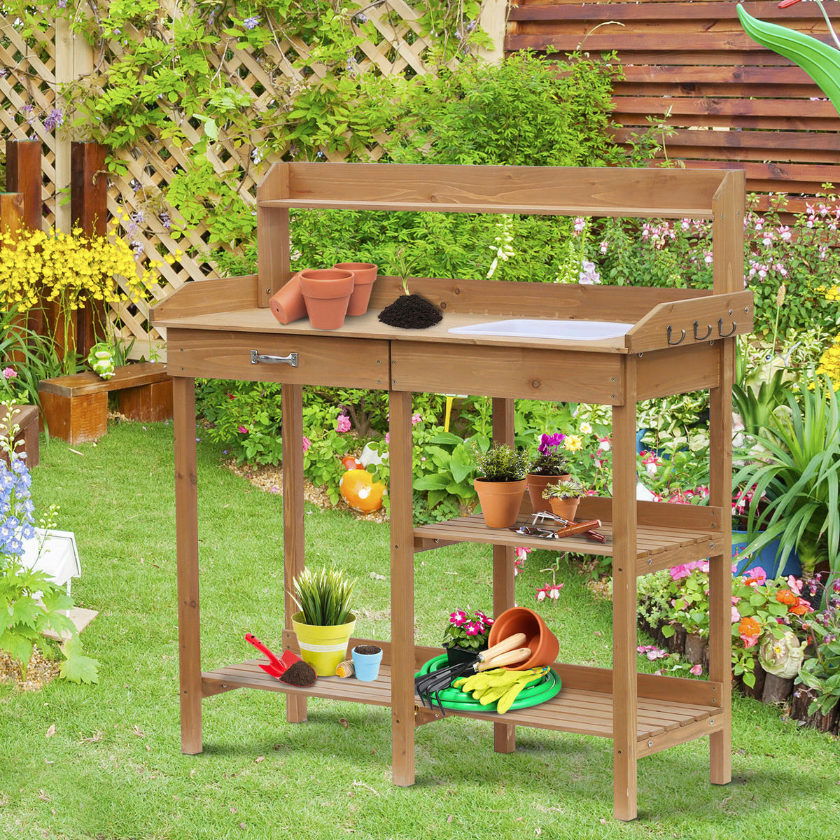 Outsunny Gärtnertisch natur B/H/L: ca. 45x112x112 cm ca. 30 kg Gärtnertisch 845-170 - natur (112,00/45,00/112,00cm) - Outsunny