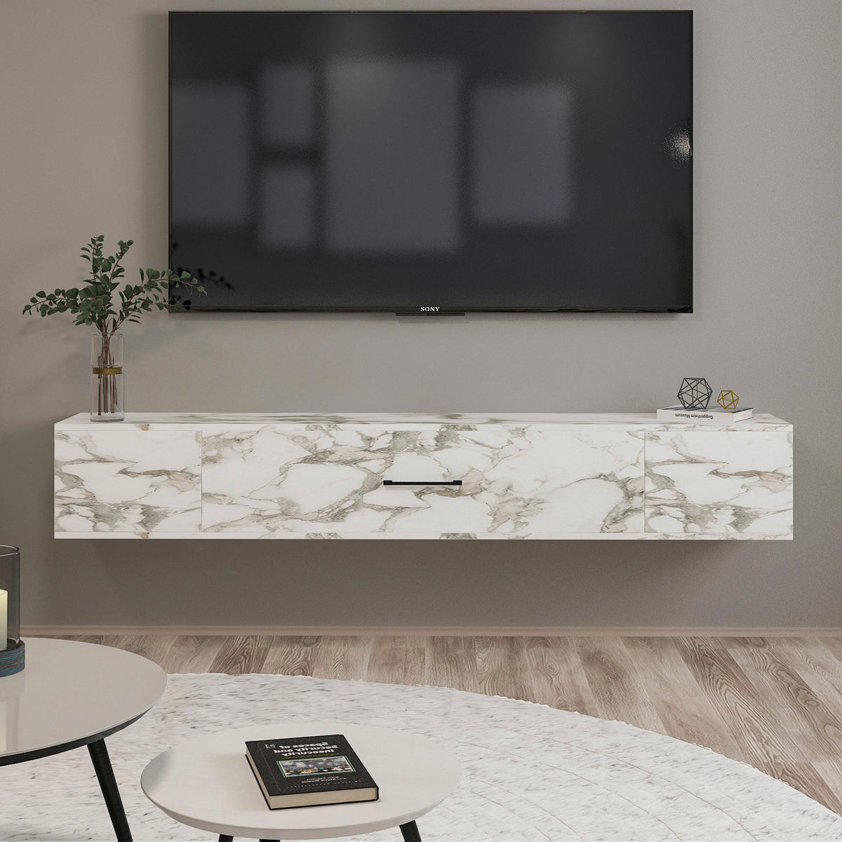 TV-Lowboard Acworth weiß Marmor Optik B/H/T: ca. 160x30x29,6 cm Acworth - weiß (160,00/30,00/29,60cm) - moebel17