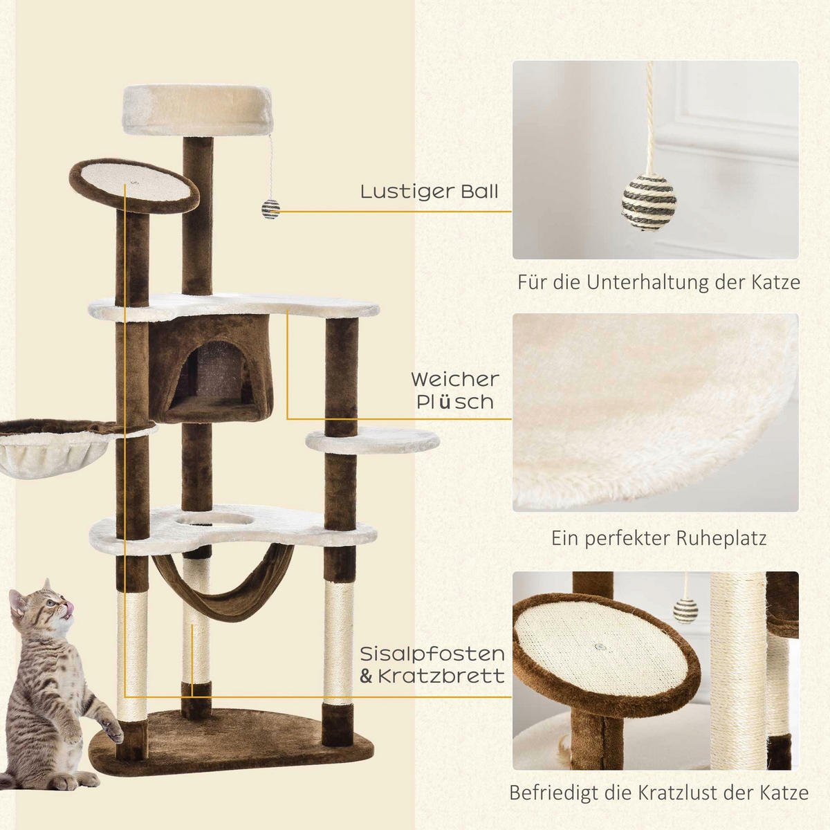 PawHut Katzenbaum braun Sisal B/H/L: ca. 50x153x65 cm Katzenbaum - braun/cremeweiß (65,00/50,00/153,00cm) - PawHut