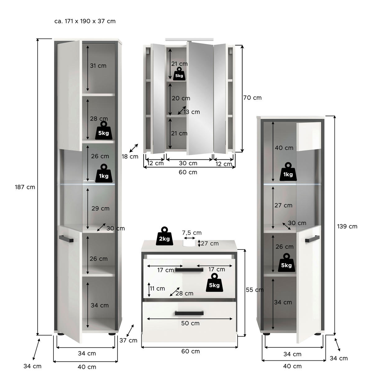 Badblock KOJAK weiß Hochglanz anthrazit grau B/H/T: ca. 171x188x37 cm KOJAK - weiß/anthrazit (171,00/188,00/37,00cm) - xonox.home