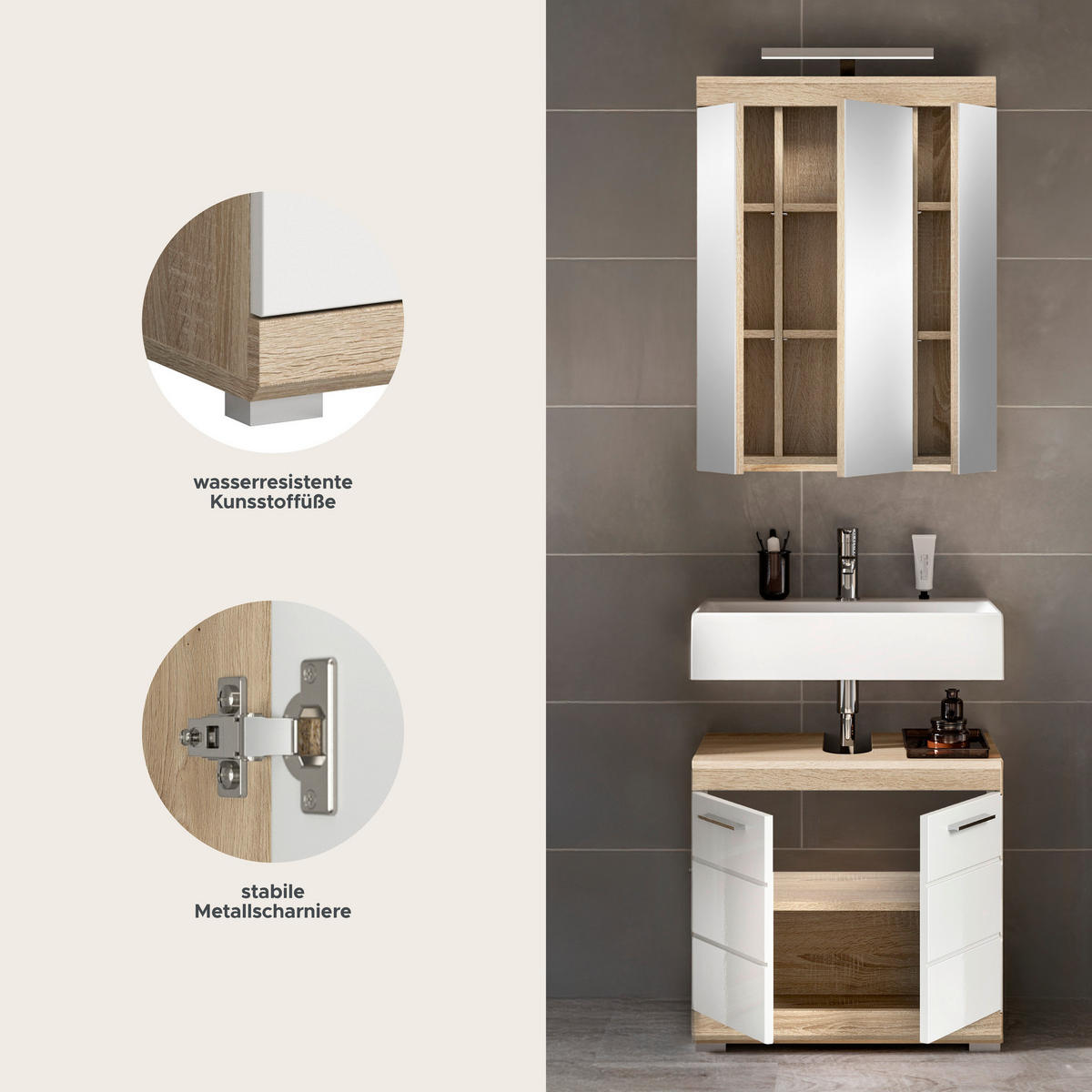 Badezimmer-Set Lambada Eiche Sonoma Nachbildung weiß Hochglanz B/H/T: ca. 60x191x34 cm Lambada - Eiche/weiß (60,00/191,00/34,00cm) - xonox.home