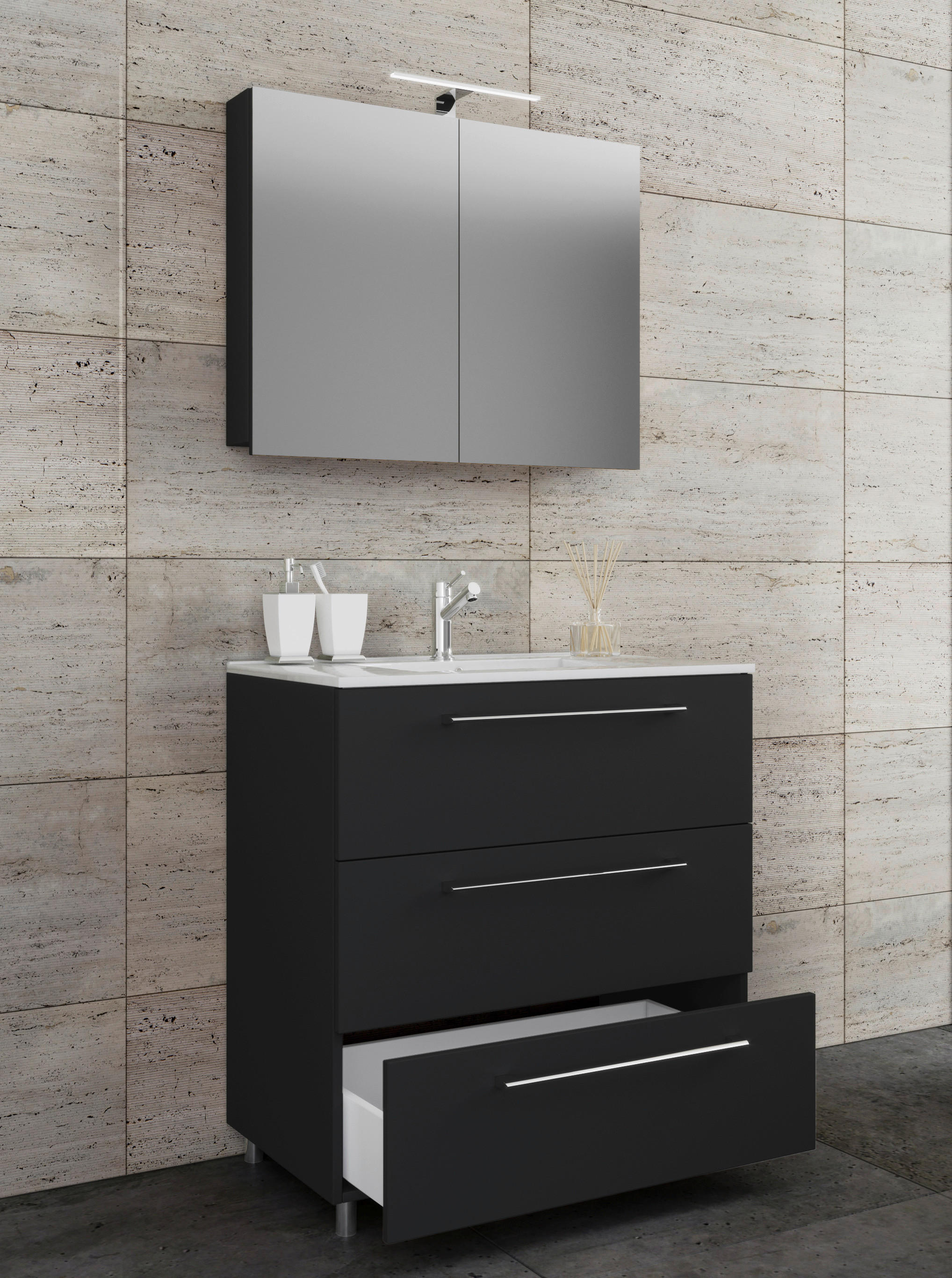 Waschplatz 3tlg-Schubo schwarz B/H/T: ca. 80x86x46 cm 3tlg-Schubo - schwarz (80,00/86,00/46,00cm) - VCM Möbel
