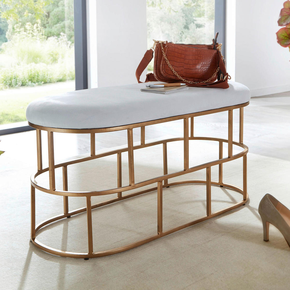 Sitzhocker gold weiß Samt Eisen B/H/T: ca. 90x46x38 cm Sitzbank - gold/weiß (90,00/46,00/38,00cm) - Wohnling