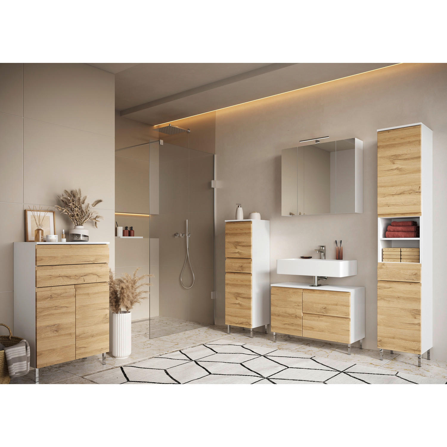 Badezimmer-Set 7946-559 weiß Eiche Grand-Son Nachbildung B/H/T: ca. 253x190x34 cm 7946-559 - Eiche/weiß (253,00/190,00/34,00cm) - Germania