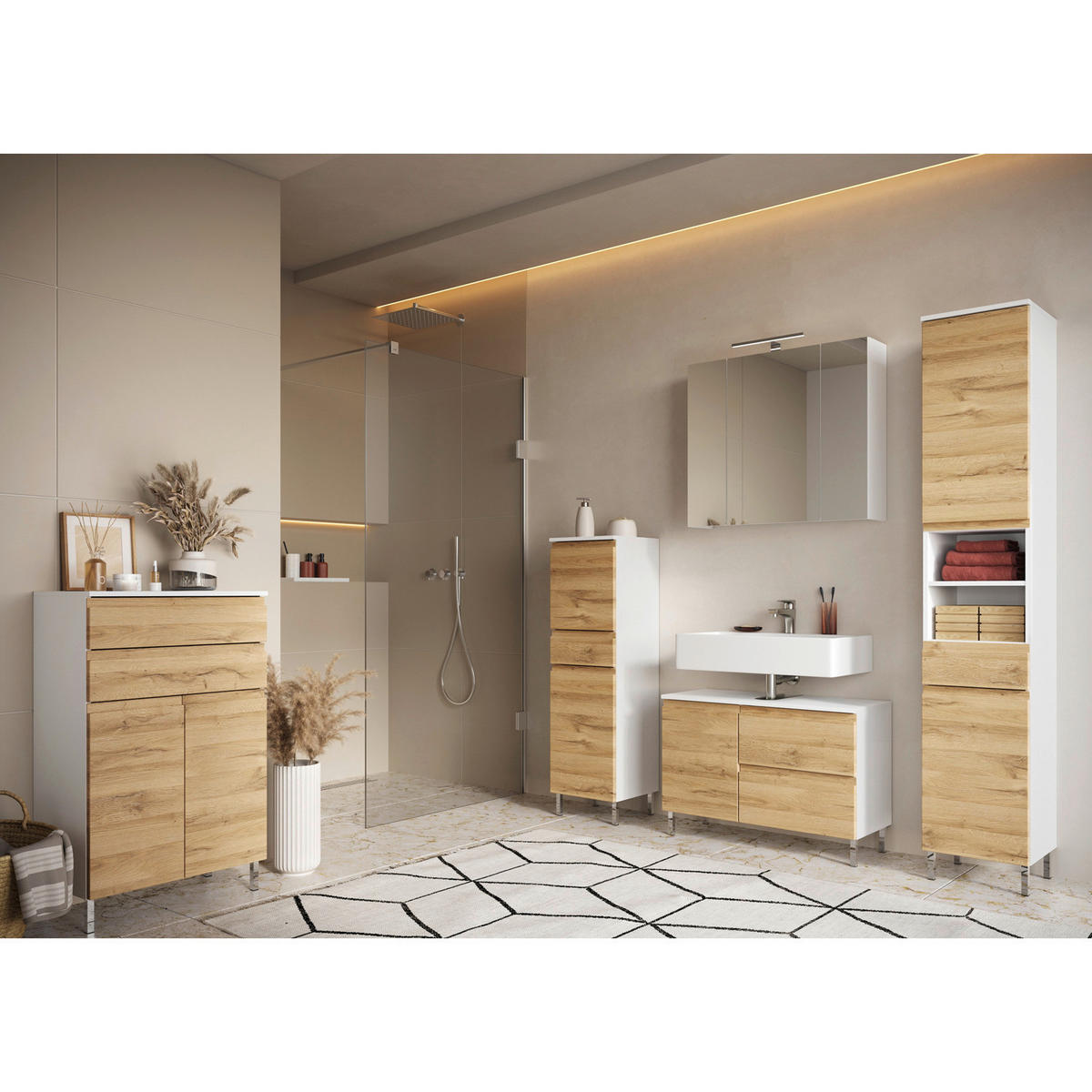 Badezimmer-Set 7946-559 weiß Eiche Grand-Son Nachbildung B/H/T: ca. 253x190x34 cm 7946-559 - Eiche/weiß (253,00/190,00/34,00cm) - Germania