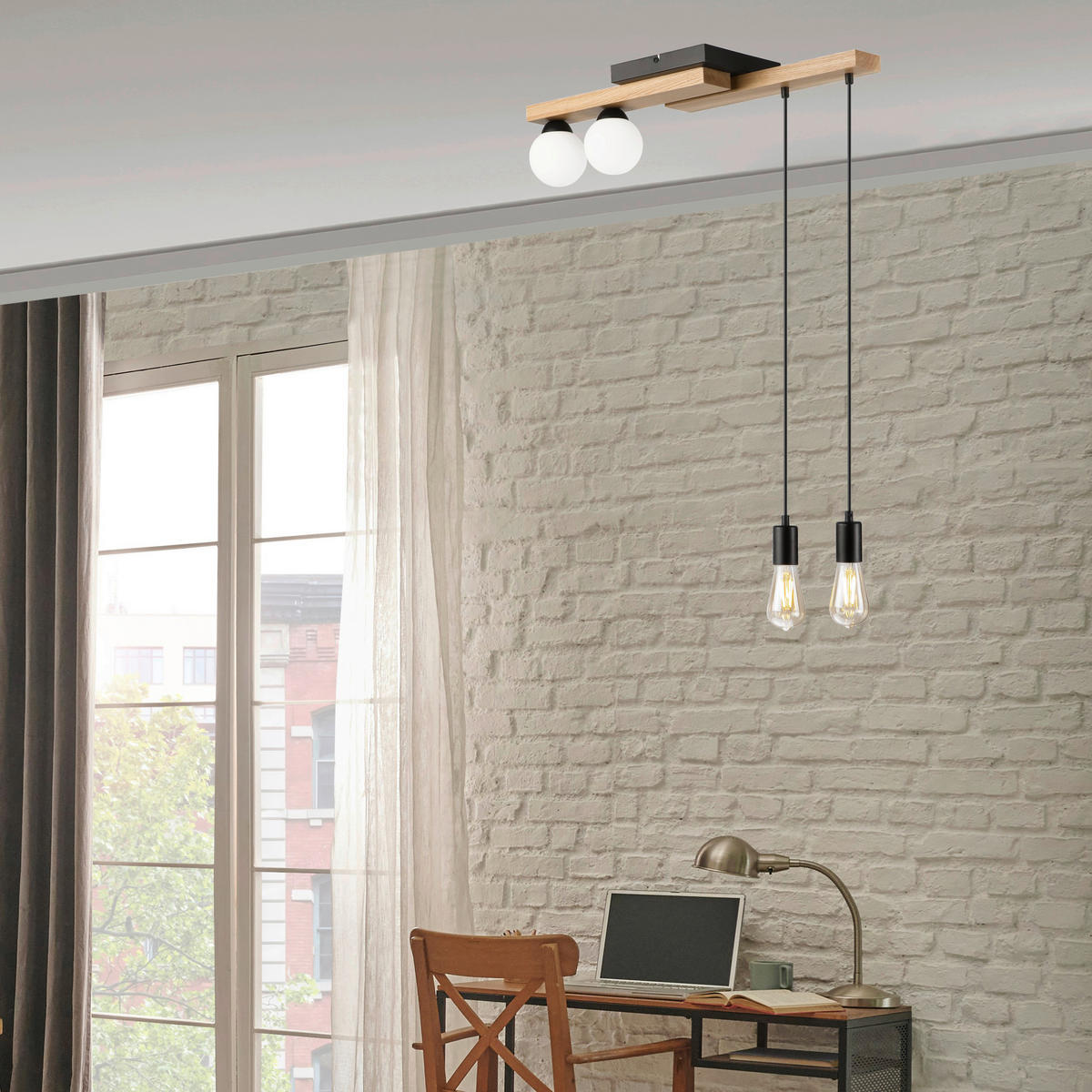 Lamkur Pendelleuchte schwarz Holz B/H/L: ca. 20x84x84 cm G9 2 Brennstellen CORTINA - schwarz (84,00/20,00/84,00cm) - Lamkur