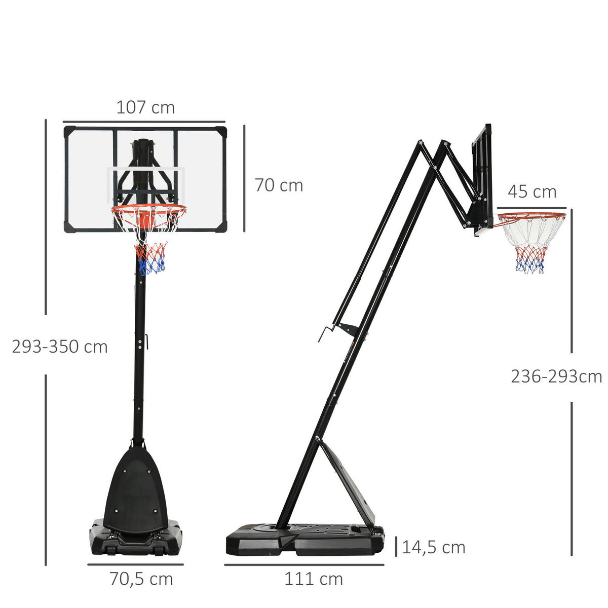 SPORTNOW Basketballkorb schwarz B/H/L: ca. 70,5x111x350 cm Basketballständer - schwarz (350,00/70,50/111,00cm) - SPORTNOW