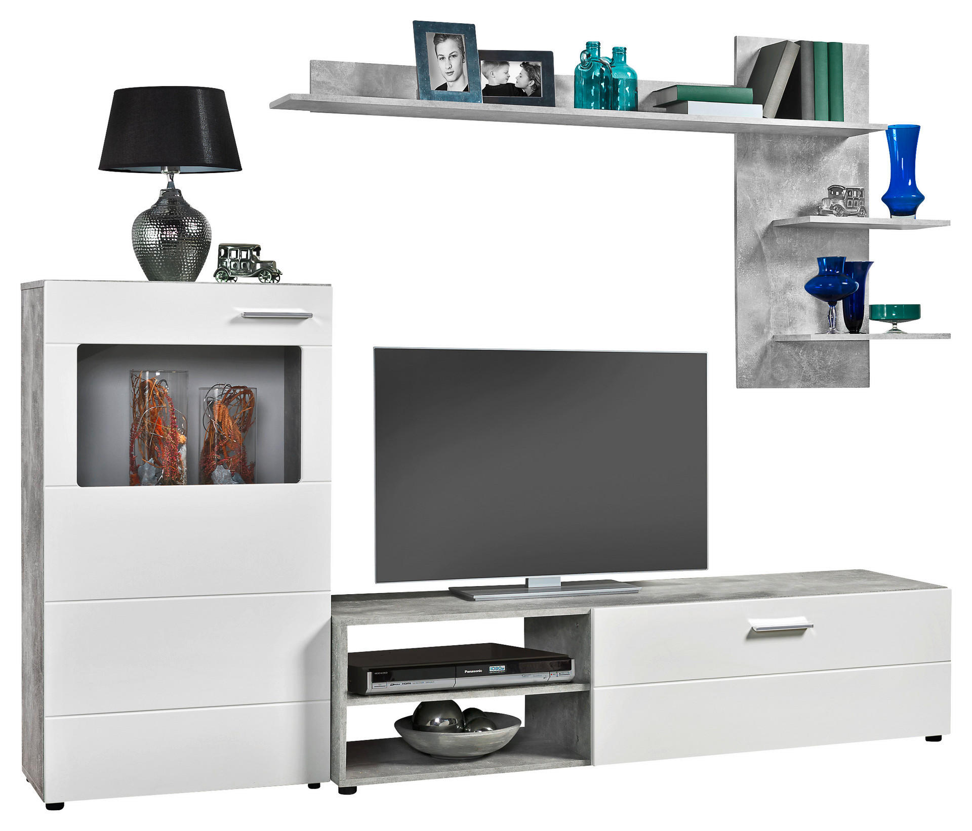 Wohnwand Imola Beton Optik weiß Hochglanz B/H/T: ca. 210x180x40 cm Imola - weiß (210,00/180,00/40,00cm)