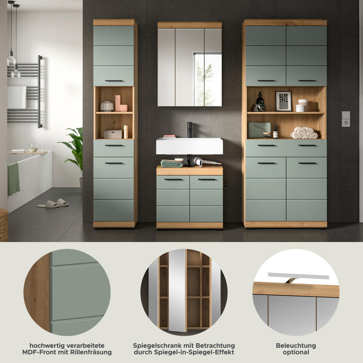 Badezimmer-Set Scout Eiche Artisan Nachbildung salbei Nachbildung B/H/T: ca. 186x191x34 cm Scout - Eiche/salbei (186,00/191,00/34,00cm) - xonox.home