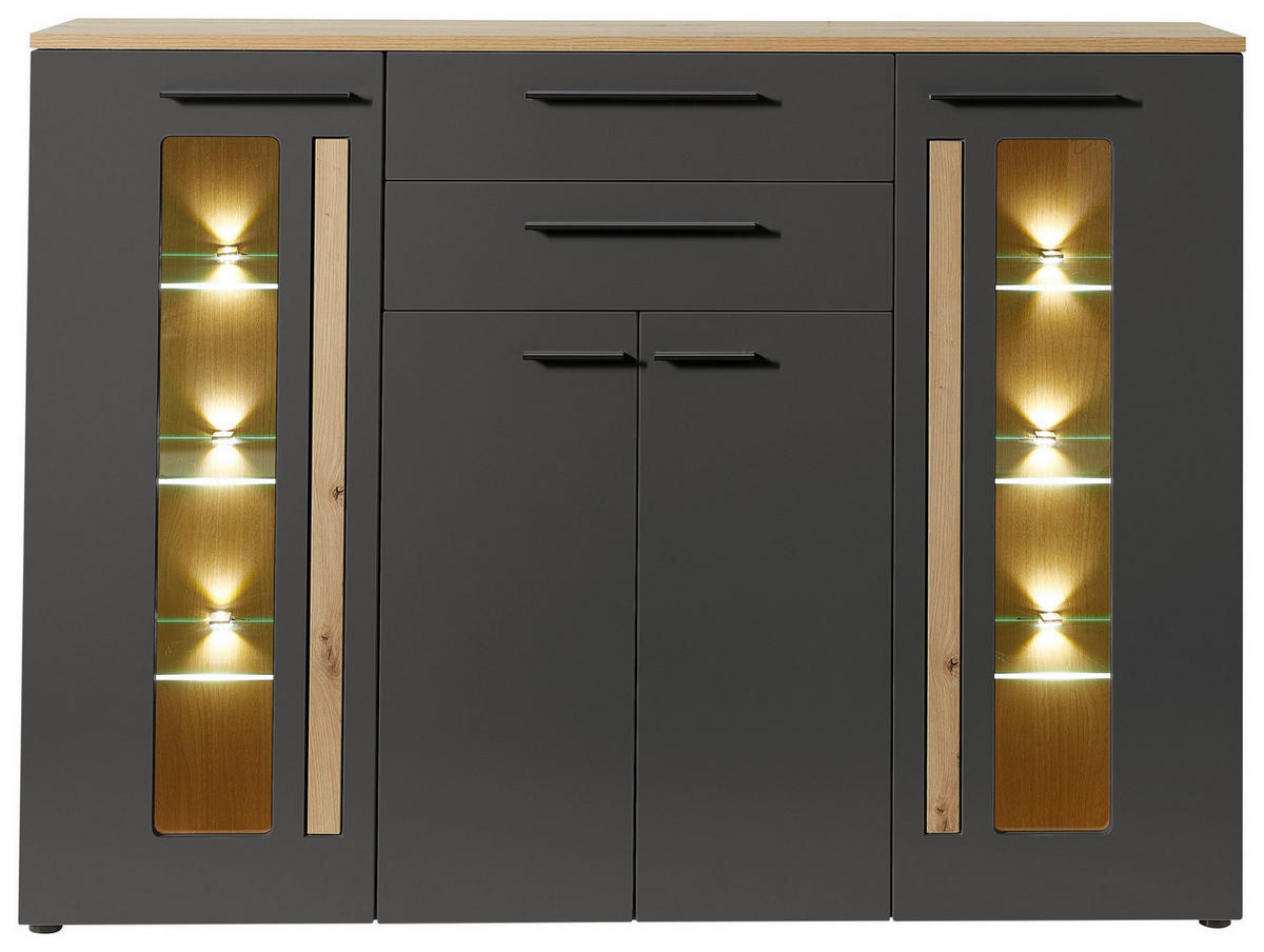 Highboard Loft Two Eiche Artisan Nachbildung Graphit Lacklaminat supermatt B/H/T: ca. 180x133x37 cm Loft Two - Eiche/schwarz (180,00/133,00/37,00cm)