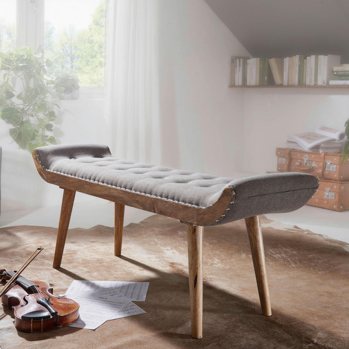 Wohnling Sitzbank grau natur Stoff Echtholz B/H/T: ca. 125x51x38 cm Sitzbank - natur/grau (125,00/51,00/38,00cm) - Wohnling