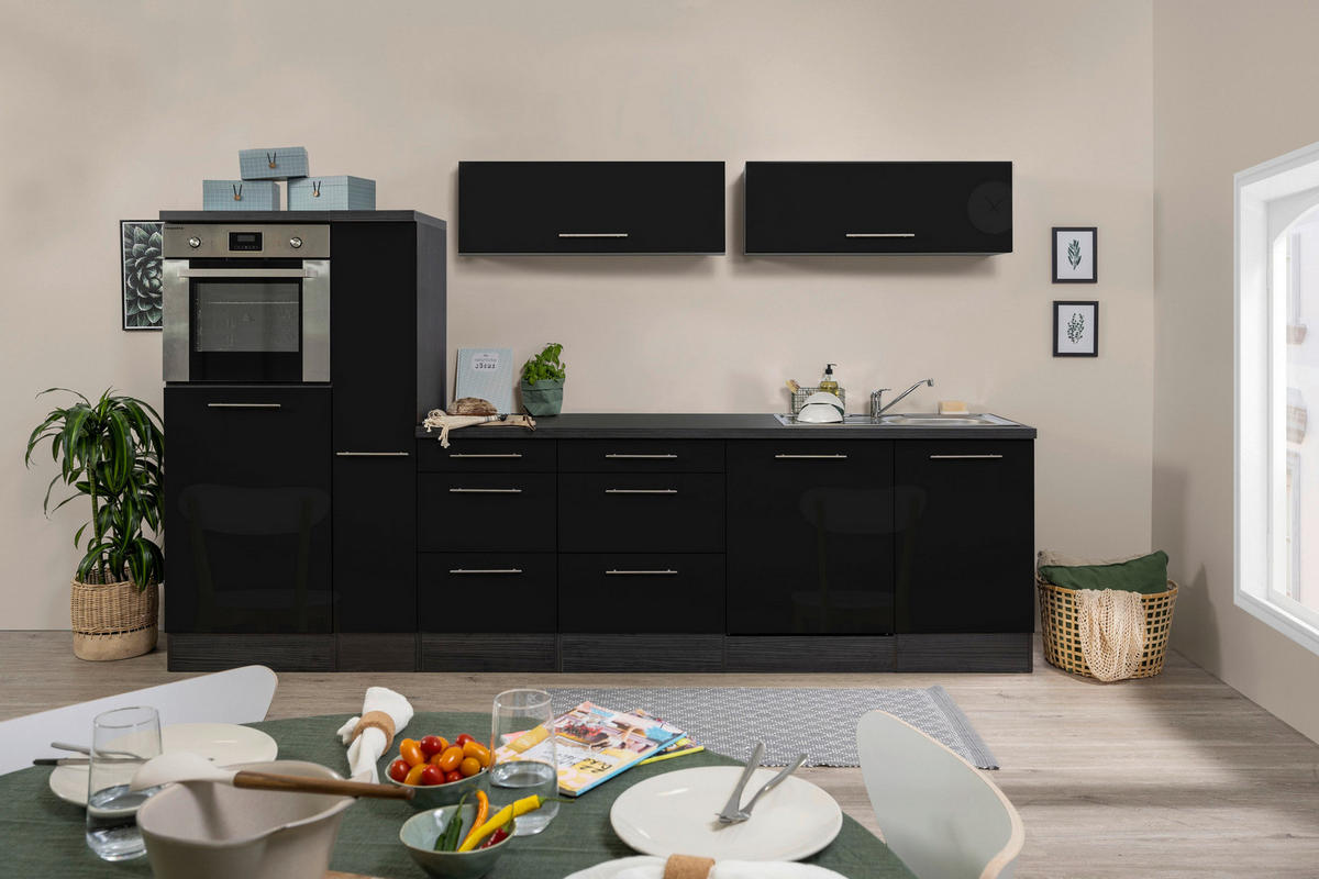 Respekta Inselküche Premium schwarz hochglänzend B/H/T: ca. 310x200x60 cm Premium - Eiche/schwarz (310,00/200,00/60,00cm) - Respekta