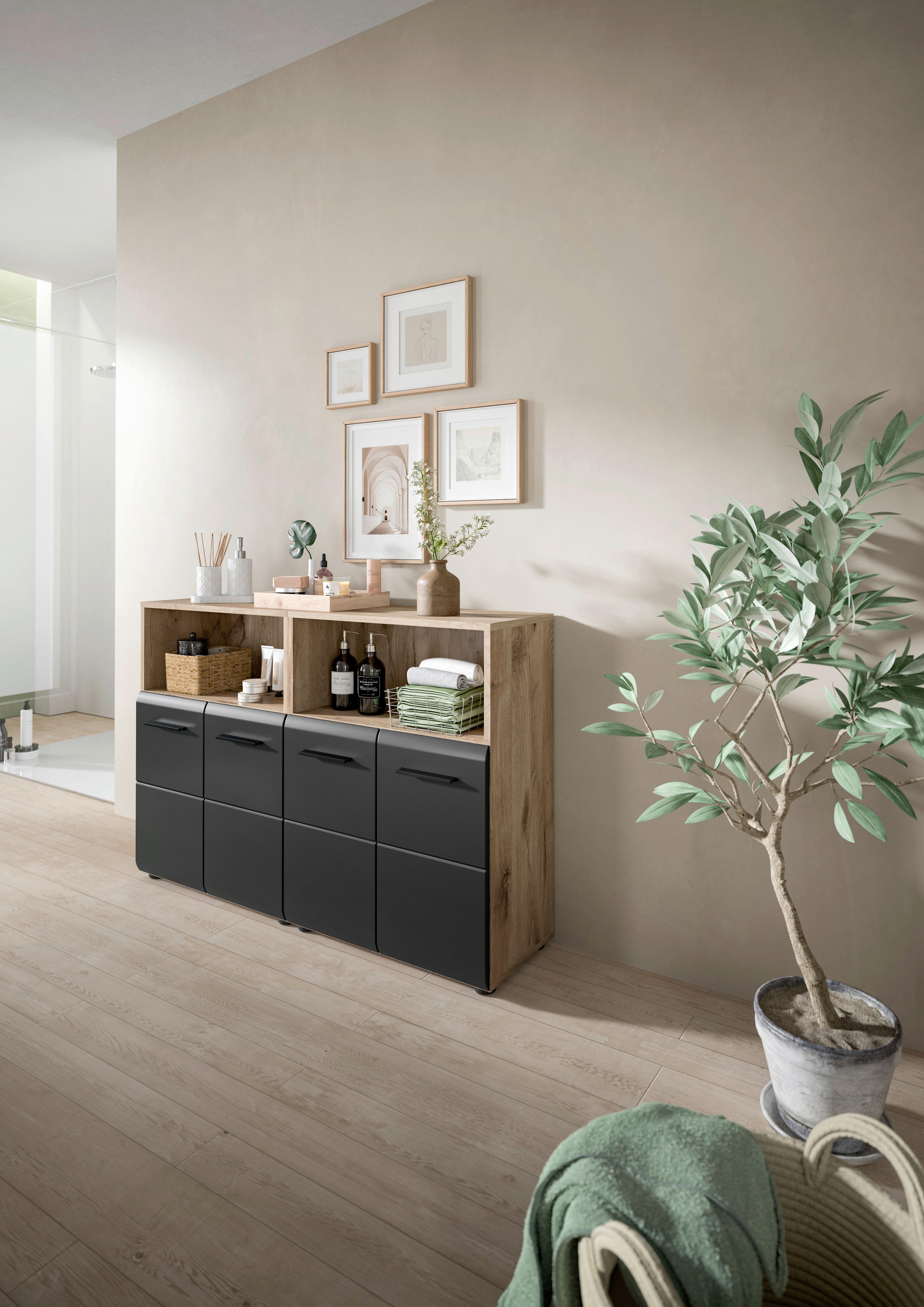 Badezimmer-Set Ice Nox Oak Nachbildung schwarz matt B/H/T: ca. 120x80x30 cm Ice - schwarz (120,00/80,00/30,00cm) - xonox.home
