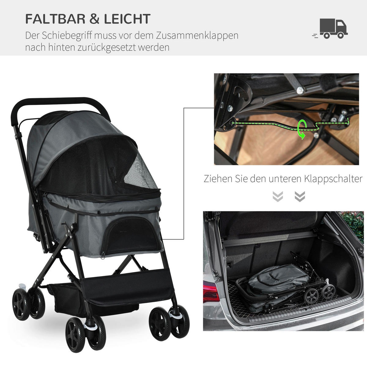 PawHut Hunde-Zubehör dunkelgrau Polypropylen B/H/L: ca. 52x76,5x95 cm Hundebuggy - dunkelgrau (95,00/52,00/76,50cm) - PawHut