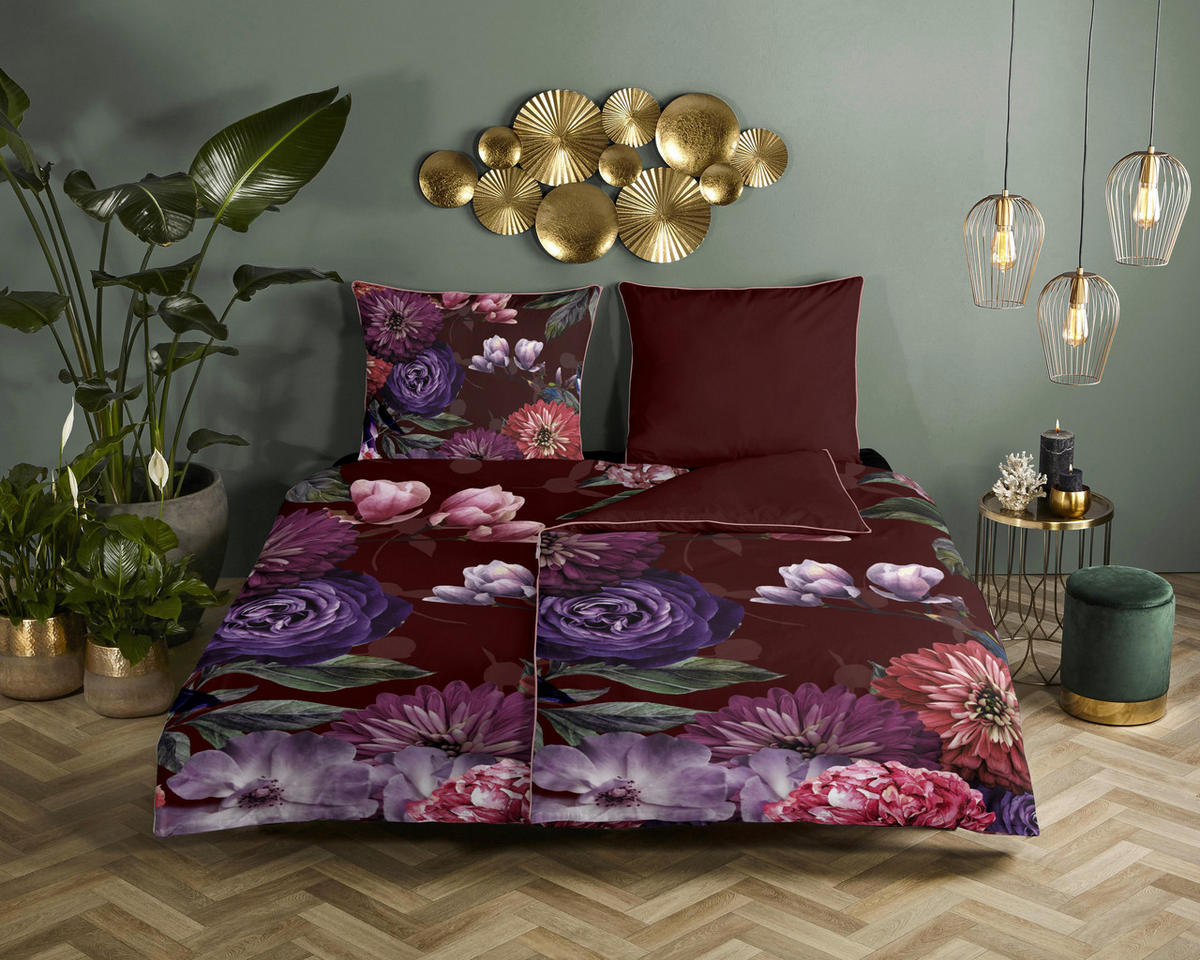 Baumwoll Bettwäsche Bloomie Satin Bloomie - bordeaux (155,00/220,00cm) - Descanso