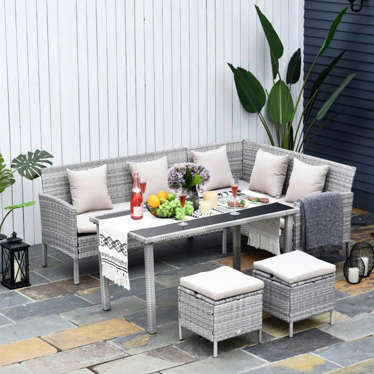Outsunny Gartensitzgruppe grau Polyrattan B/H/L: ca. 142x75x125 cm Gartensitzgruppe - creme/grau (125,00/142,00/75,00cm) - Outsunny