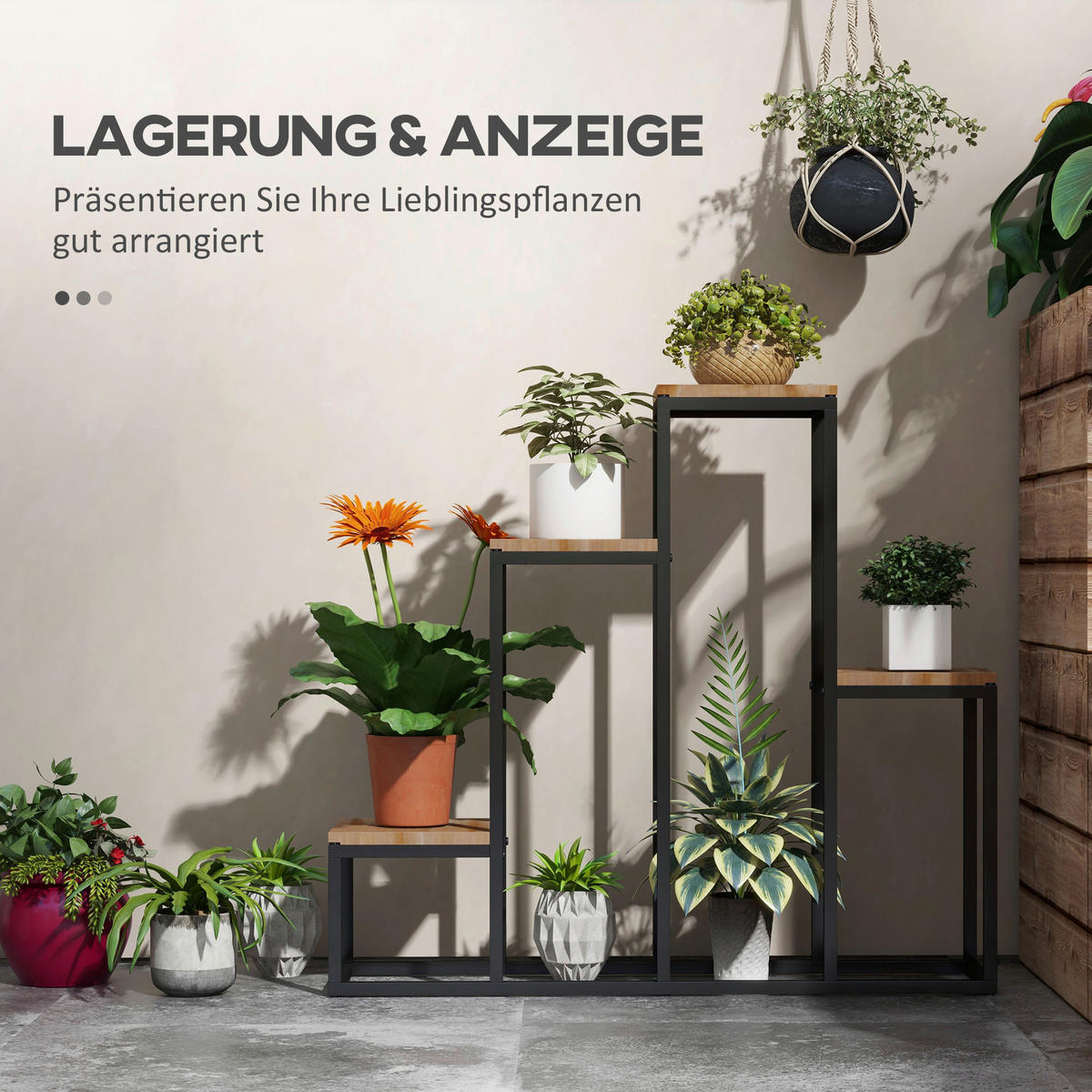 Outsunny Blumenregal hellbraun Holz B/H/L: ca. 20x74x80 cm Blumenregal - hellbraun/schwarz (80,00/20,00/74,00cm) - Outsunny
