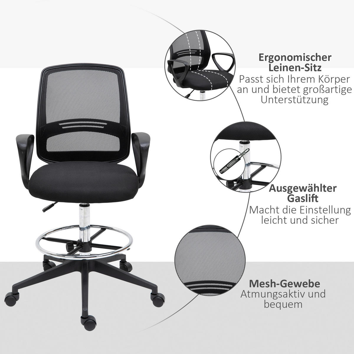 Drehstuhl 921-187 schwarz 921-187 - schwarz (59,50/126,00/60,00cm) - Vinsetto