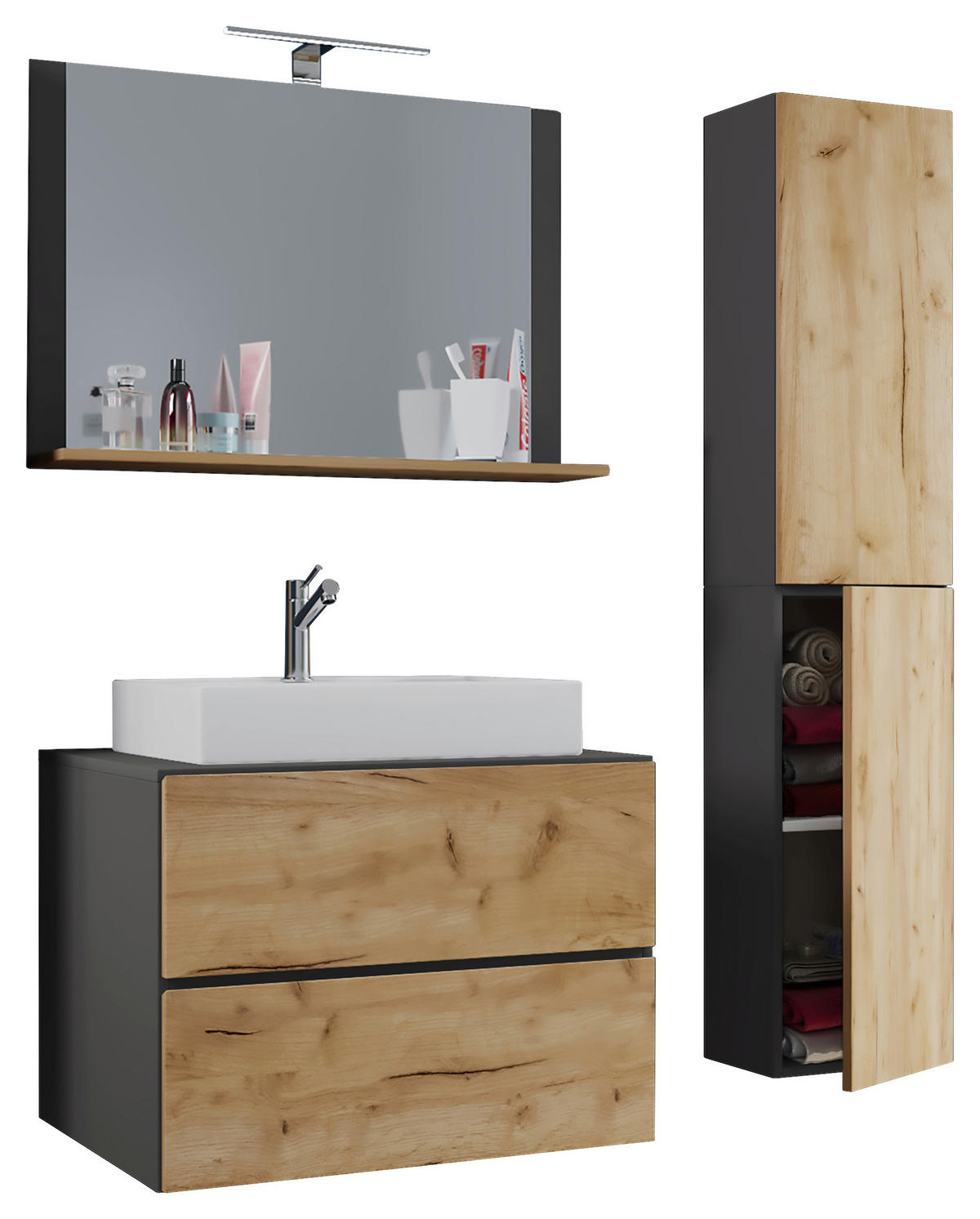 Waschplatz 4tlg-Lendas weiß anthrazit Eiche Honig Nachbildung B/H/T: ca. 80x52x52 cm 4tlg-Lendas - Eiche/weiß (80,00/52,00/52,00cm) - VCM Möbel