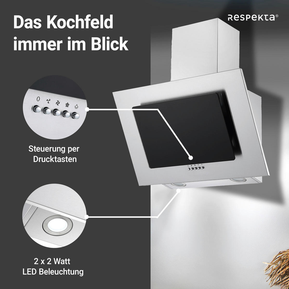 Respekta Dunstabzugshaube CH2060SBM Edelstahl B/H/T: ca. 60x74,3x31,3 cm CH2060SBM - schwarz/Edelstahl (60,00/74,30/31,30cm) - Respekta