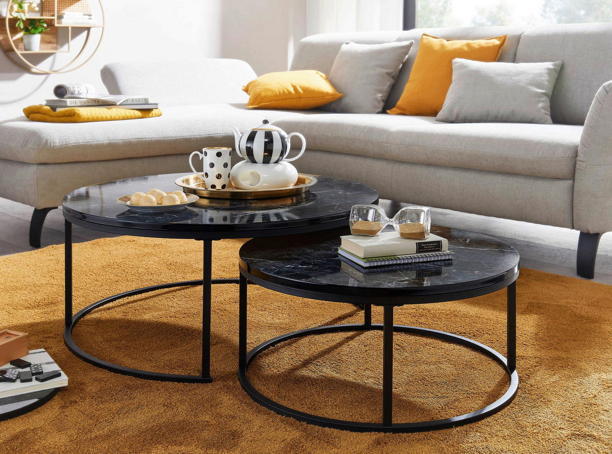 Couchtisch 2er-Set schwarz Marmor Optik schwarz lackiert 2er-Set - schwarz - Wohnling