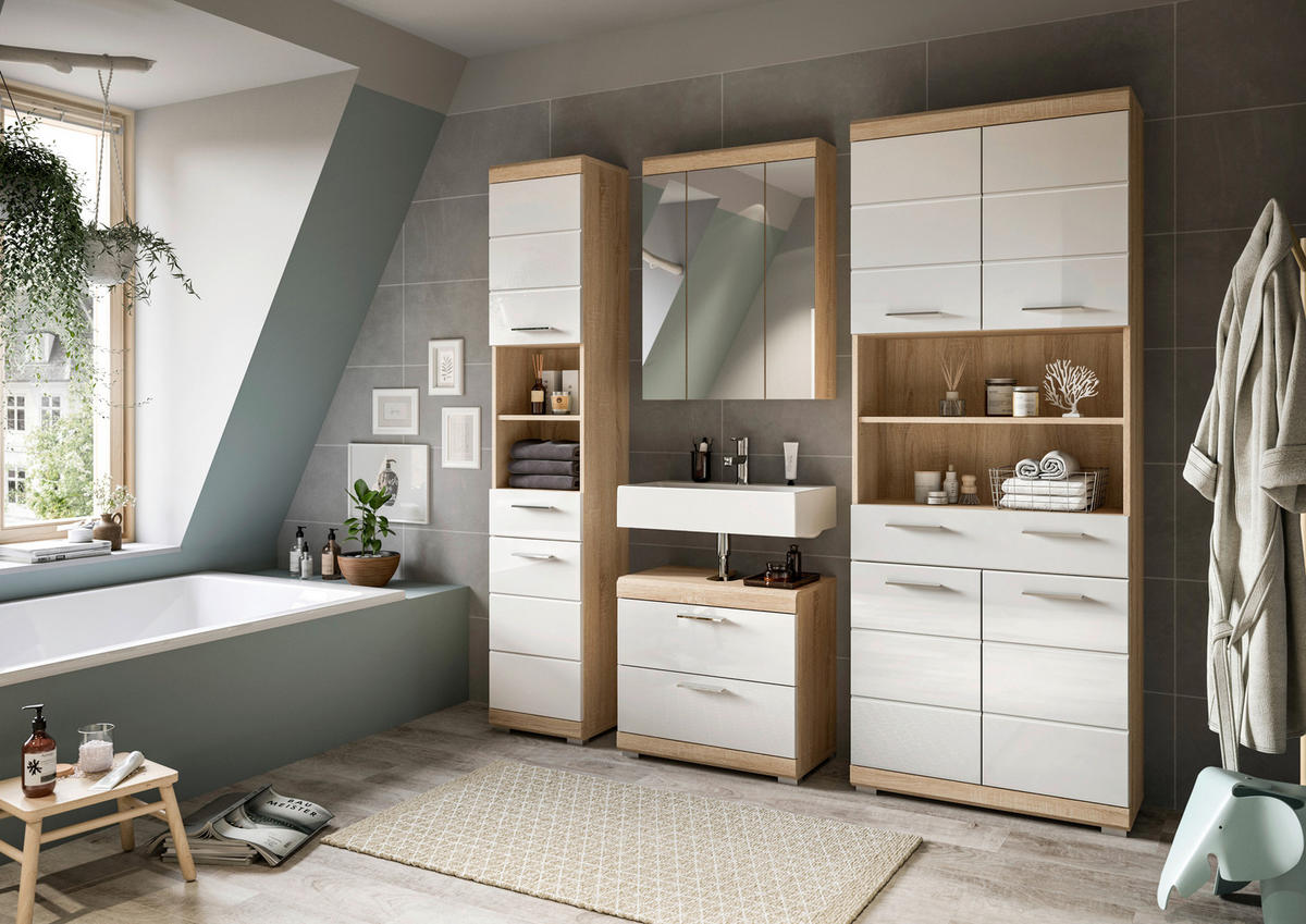 Badezimmer-Set Lambada Eiche Sonoma Nachbildung weiß Hochglanz B/H/T: ca. 186x191x34 cm Lambada - Eiche/weiß (186,00/191,00/34,00cm) - xonox.home