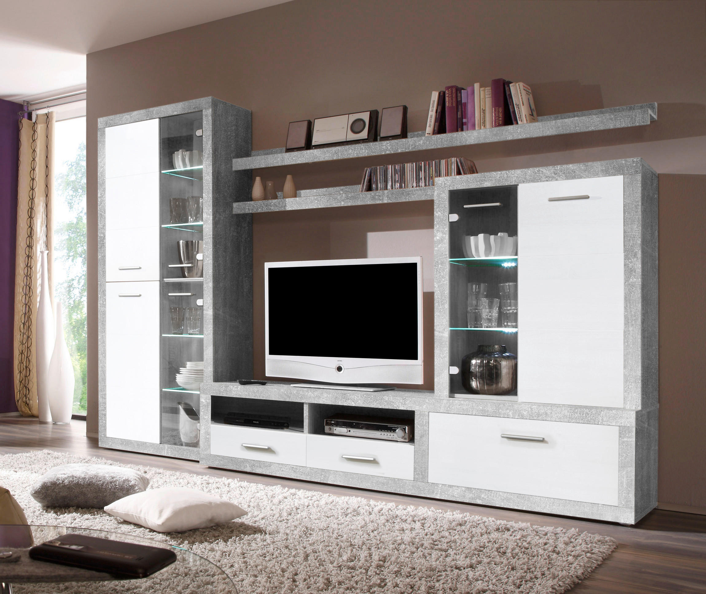 Wohnwand CanCan Beton Optik weiß B/H/T: ca. 285x195x40 cm CanCan - weiß (285,00/195,00/40,00cm)