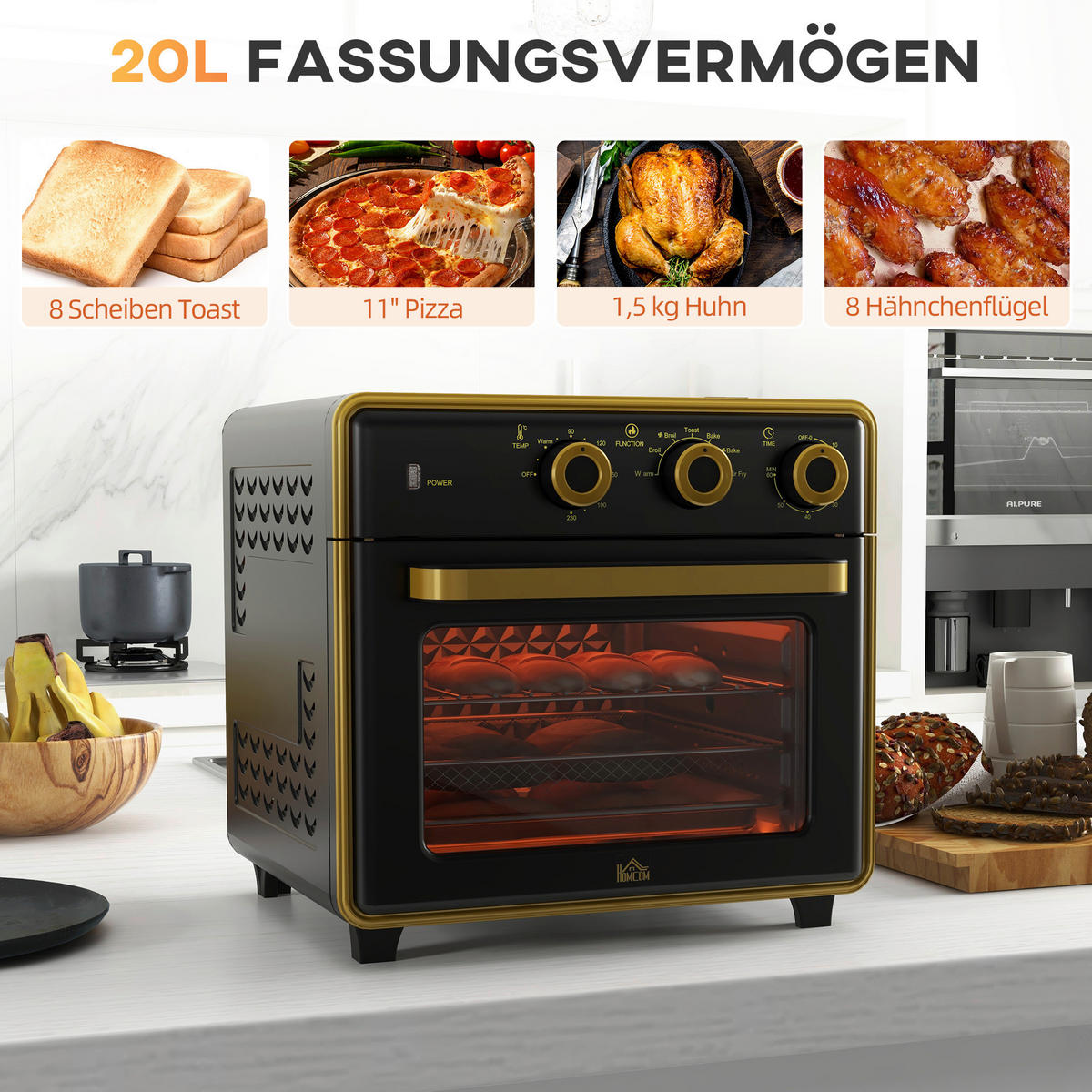 HOMCOM Küchengerät schwarz Edelstahl B/H/L: ca. 37,7x36x34,5 cm Minibackofen - schwarz (34,50/37,70/36,00cm) - HOMCOM
