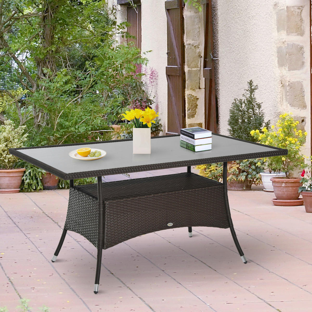Outsunny Gartentisch schwarz Polyrattan B/H/L: ca. 85x74x150 cm Gartentisch - braun/schwarz (150,00/85,00/74,00cm) - Outsunny