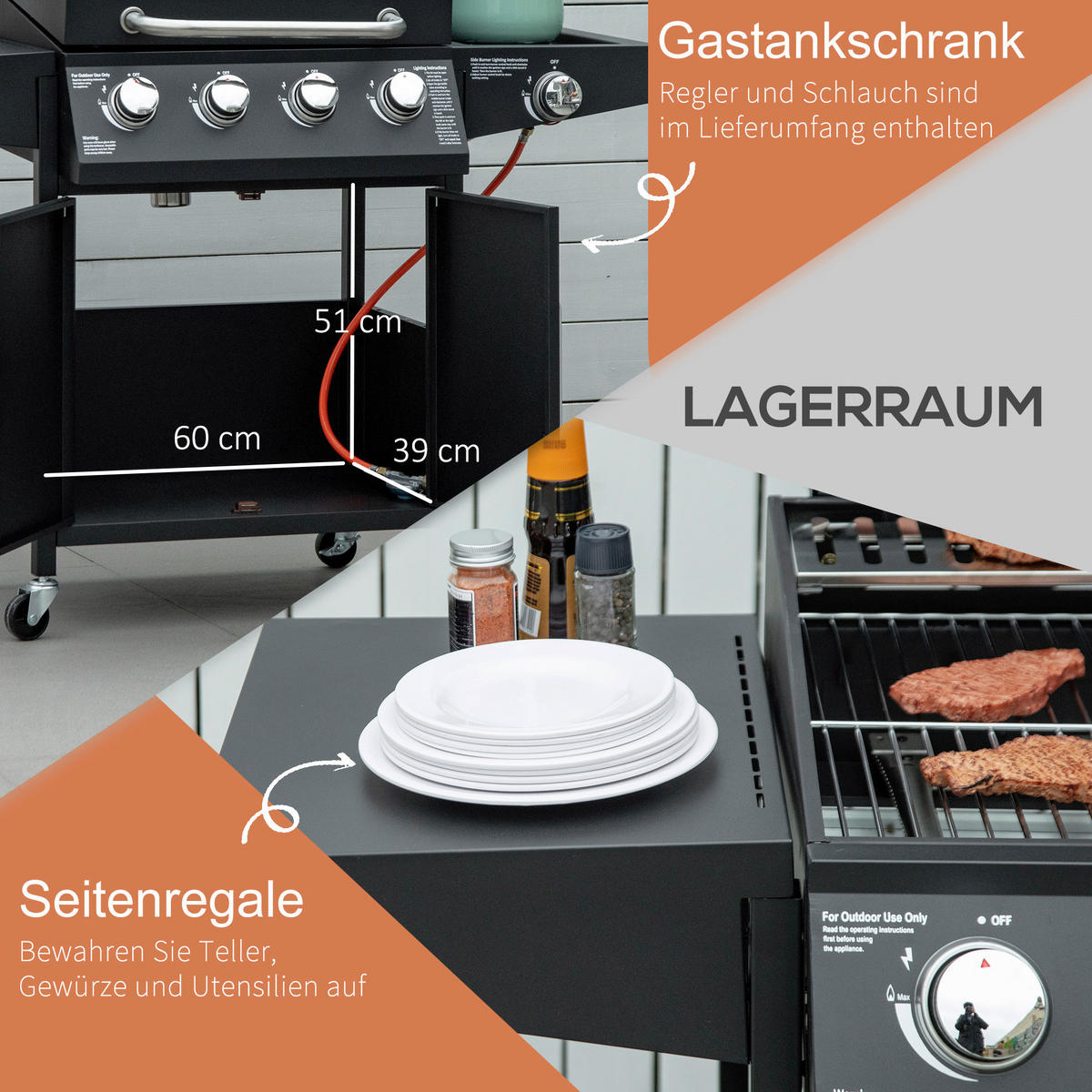 Outsunny Gasgrill Gasgrill - schwarz (132,40/55,00/109,00cm) - Outsunny
