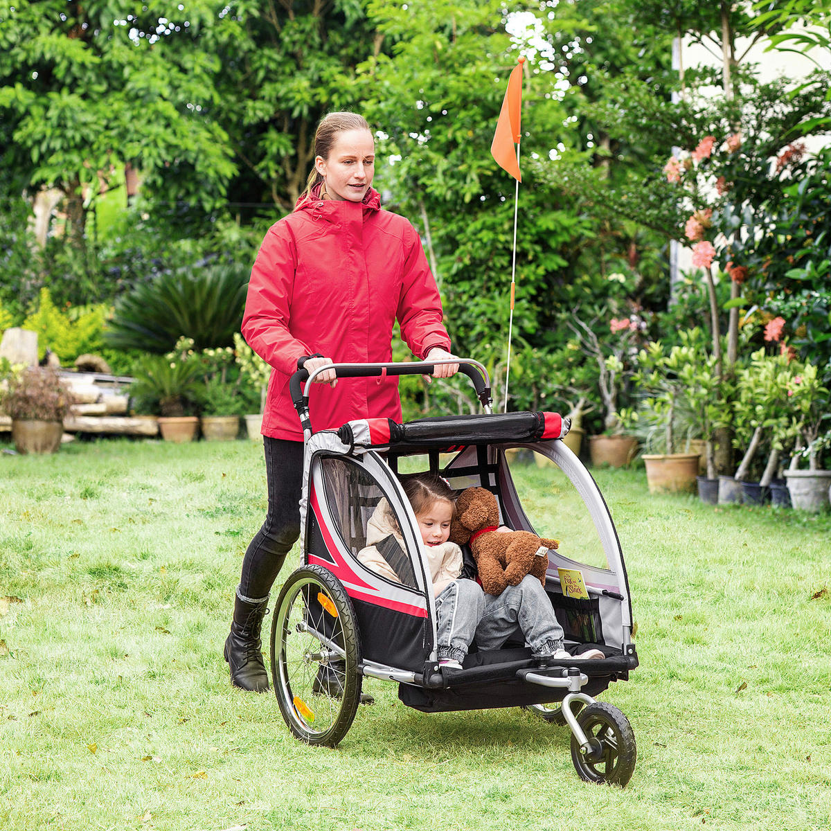 HOMCOM Fahrradanhänger schwarz schwarz B/H/L: ca. 75x142x101 cm Kinderanhänger - rot/schwarz (101,00/75,00/142,00cm) - HOMCOM