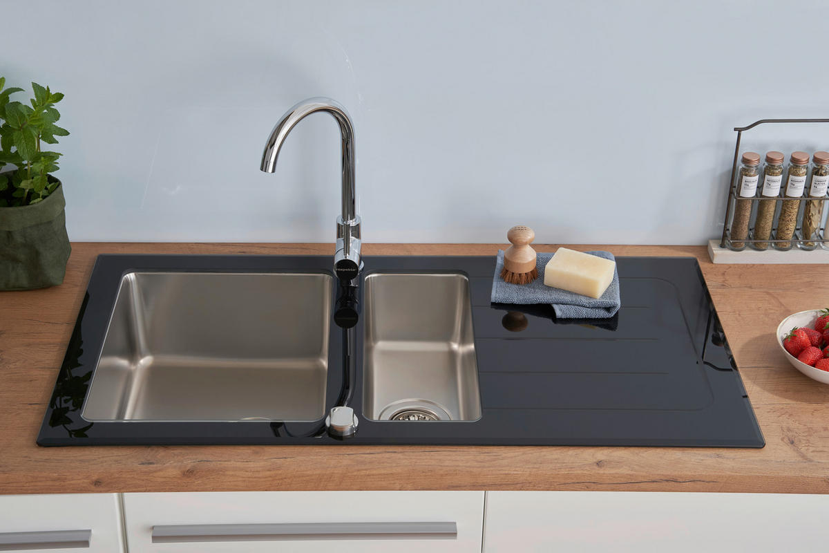 Respekta Einbauspüle New York 100 x 50 S schwarz Glas Edelstahl B/H/T: ca. 100x21x50 cm New York 100 x 50 S - schwarz (100,00/21,00/50,00cm) - Respekta