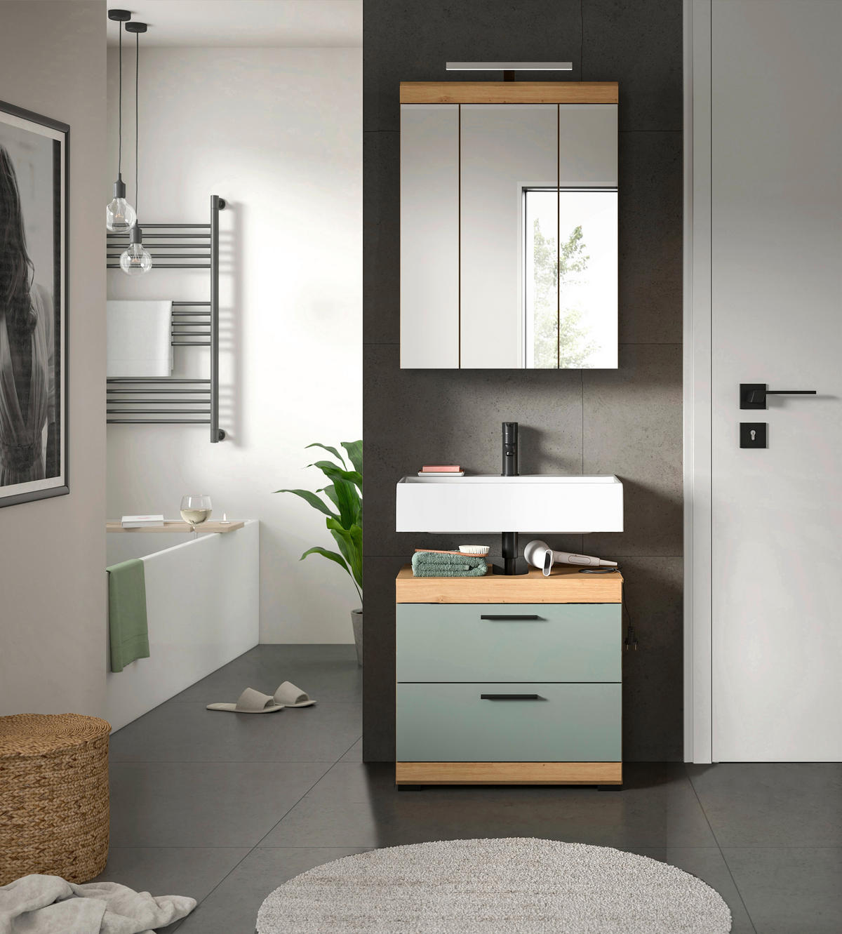 Badezimmer-Set Scout Eiche Artisan Nachbildung salbei Nachbildung B/H/T: ca. 60x191x37 cm Scout - Eiche/salbei (60,00/191,00/37,00cm) - xonox.home