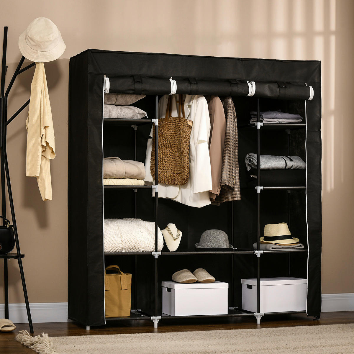 HOMCOM Kleiderschrank schwarz Edelstahl B/H/L: ca. 43x150x162,5 cm Stoffschrank - schwarz (162,50/43,00/150,00cm) - HOMCOM