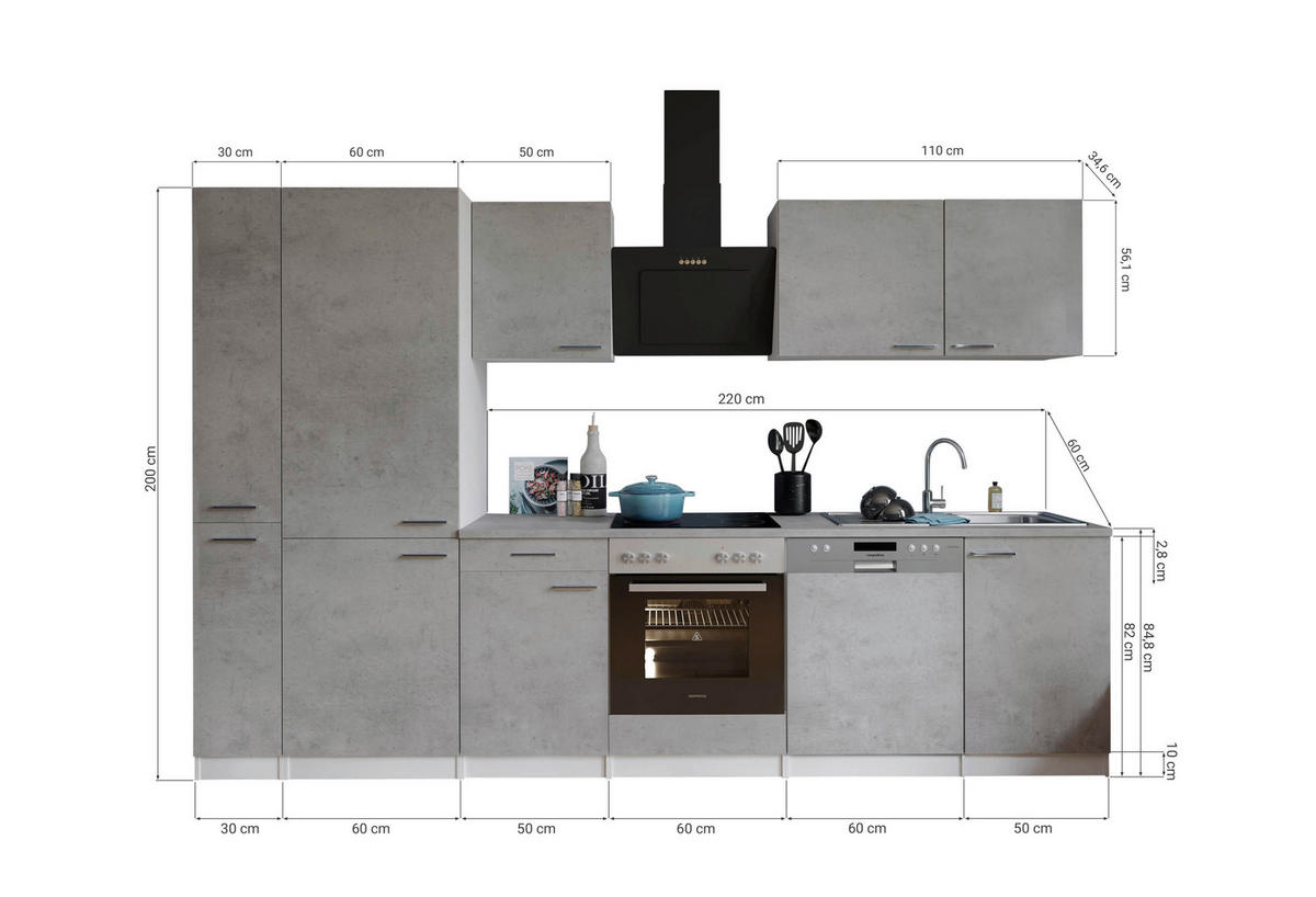 Respekta Küchenblock Malia Beton Optik B/H/T: ca. 310x200x60 cm Malia - Beton/weiß (310,00/200,00/60,00cm) - Respekta