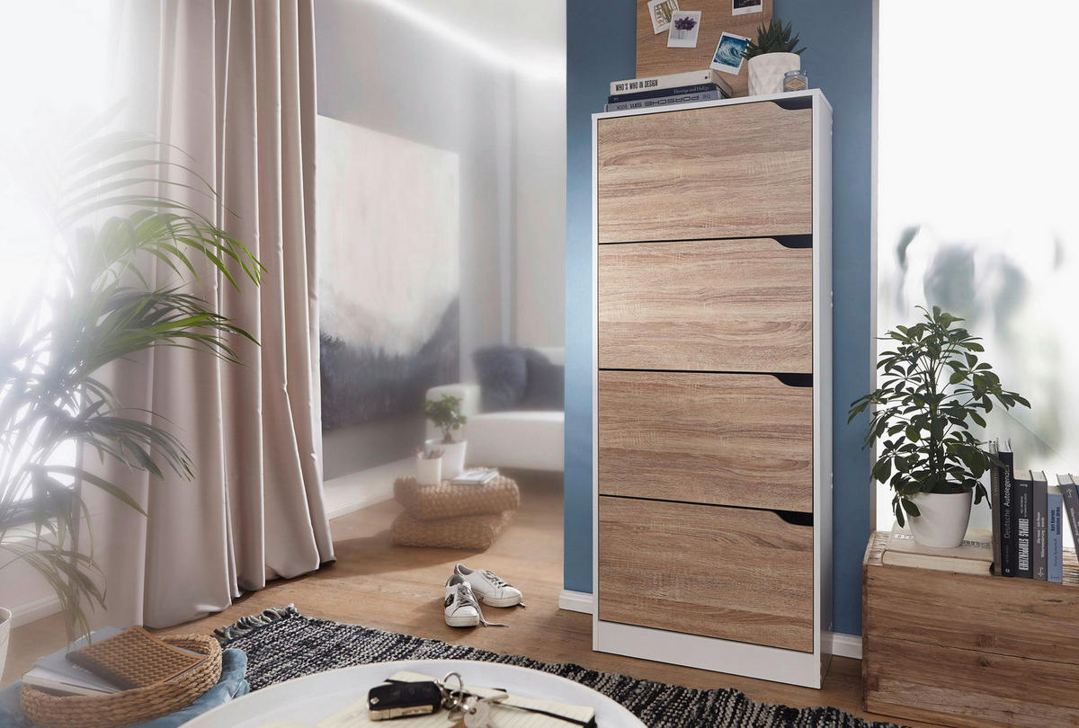 Schuhschrank Eiche Sonoma Nachbildung weiß B/H/T: ca. 60x150x24 cm Schuhschrank - Eiche/weiß (60,00/150,00/24,00cm) - Wohnling