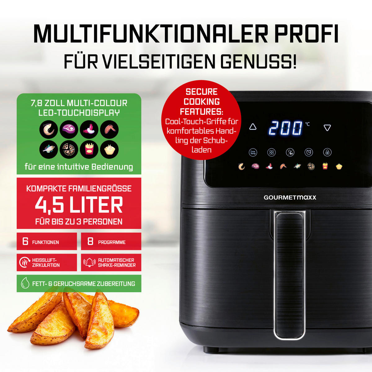 GOURMETmaxx Heißluftfritteuse Heißluftfritteuse - schwarz (36,00/26,00/29,50cm) - GOURMETmaxx