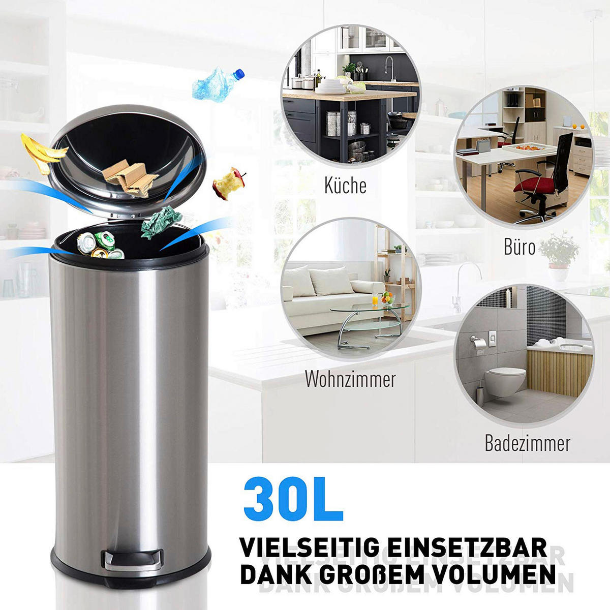 HOMCOM Pedal-Mülleimer silber H/D: ca. 62,9x29,2 cm Pedal-Mülleimer - schwarz/silber (29,20/62,90cm) - HOMCOM