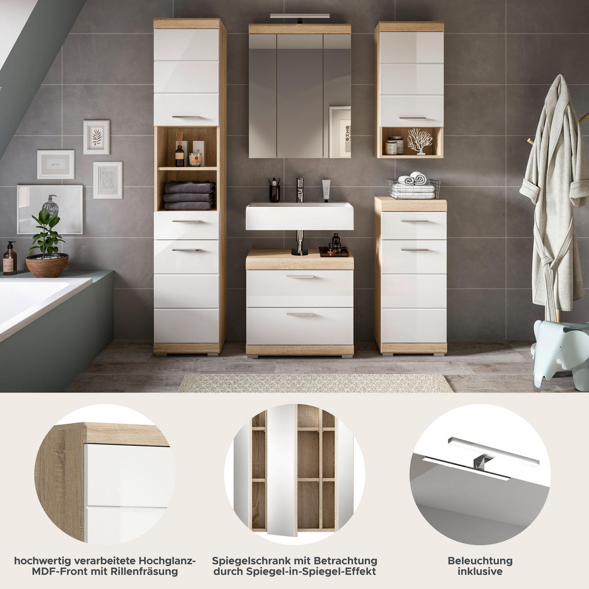 Badezimmer-Set Lambada Eiche Sonoma Nachbildung weiß Hochglanz B/H/T: ca. 164x191x37 cm Lambada - Eiche/weiß (164,00/191,00/37,00cm) - xonox.home