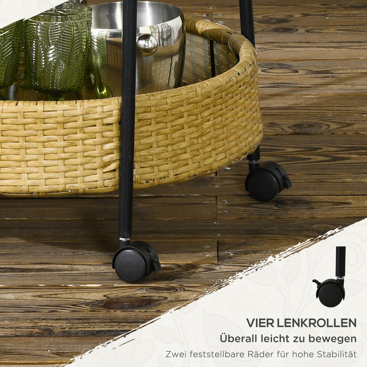 Outsunny Servierwagen gelb Edelstahl B/H/L: ca. 50x50x66 cm Rattan_Serving_Cart - gelb (66,00/50,00/50,00cm) - Outsunny