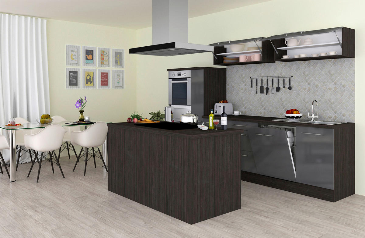 Respekta Inselküche Premium grau hochglänzend B/H/T: ca. 310x200x270 cm Premium - Eiche/grau (310,00/200,00/270,00cm) - Respekta