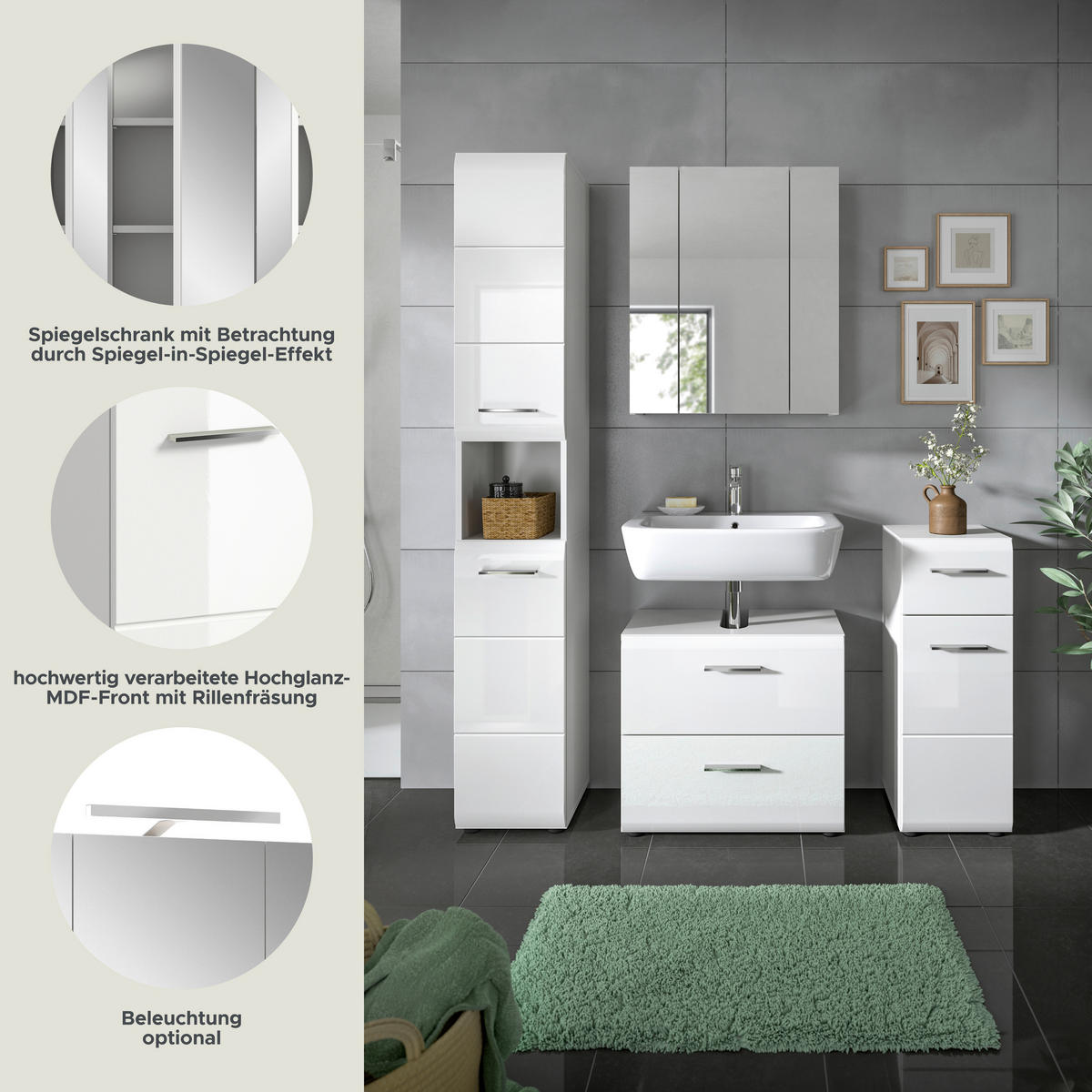 Badezimmer-Set Ice weiß weiß Hochglanz B/H/T: ca. 150x185x30 cm Ice - weiß (150,00/185,00/30,00cm) - xonox.home