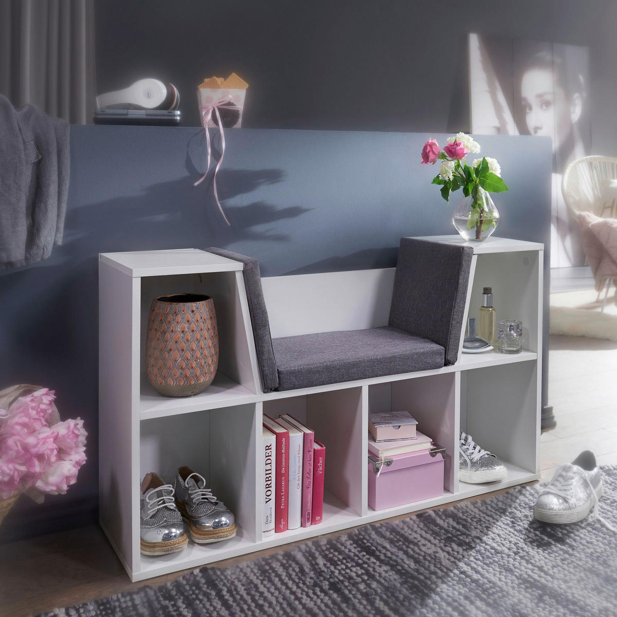 Regal weiß grau B/H/T: ca. 101,5x61,5x30 cm Regal mit Sitzfläche - weiß/grau (101,50/61,50/30,00cm) - Wohnling