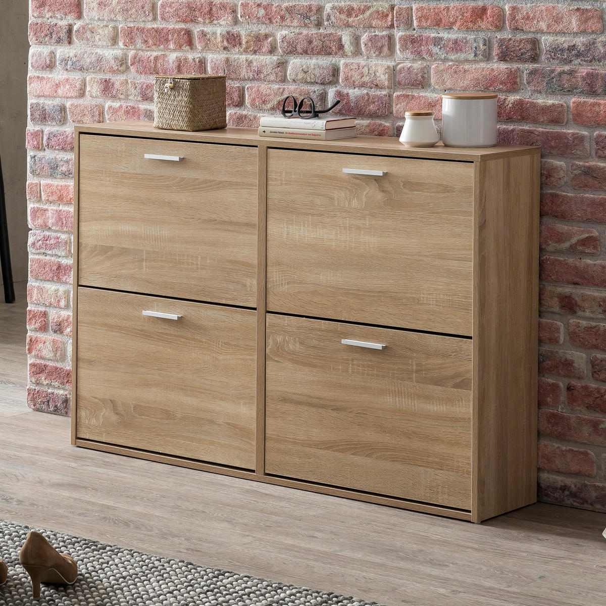 Schuhschrank Eiche Sonoma Nachbildung silber B/H/T: ca. 120x81x24 cm Schuhschrank - Eiche/silber (120,00/81,00/24,00cm) - Wohnling