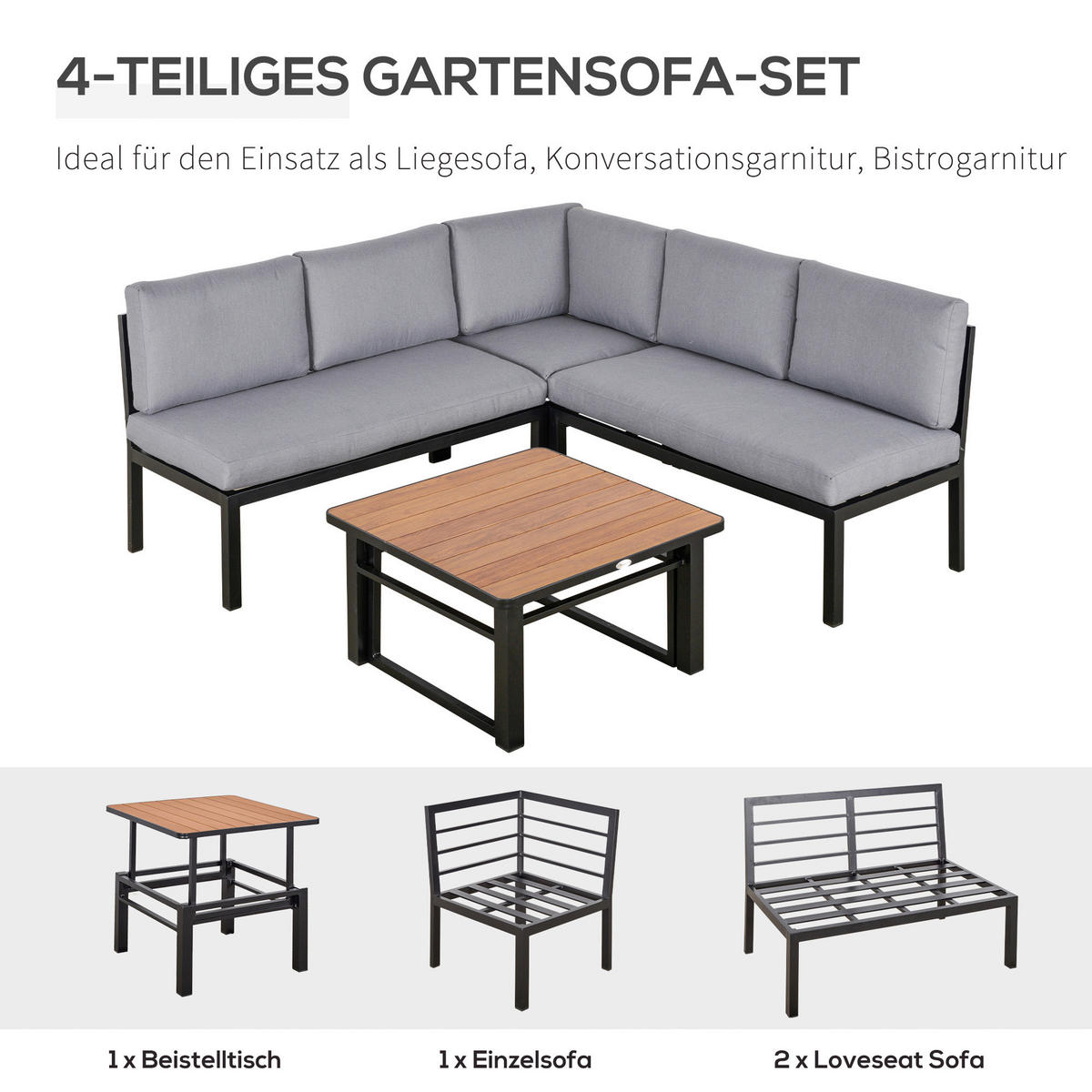 Outsunny Gartensitzgarnitur grau Aluminium B/H/L: ca. 65x73x120 cm Gartensitzgarnitur - grau (120,00/65,00/73,00cm) - Outsunny