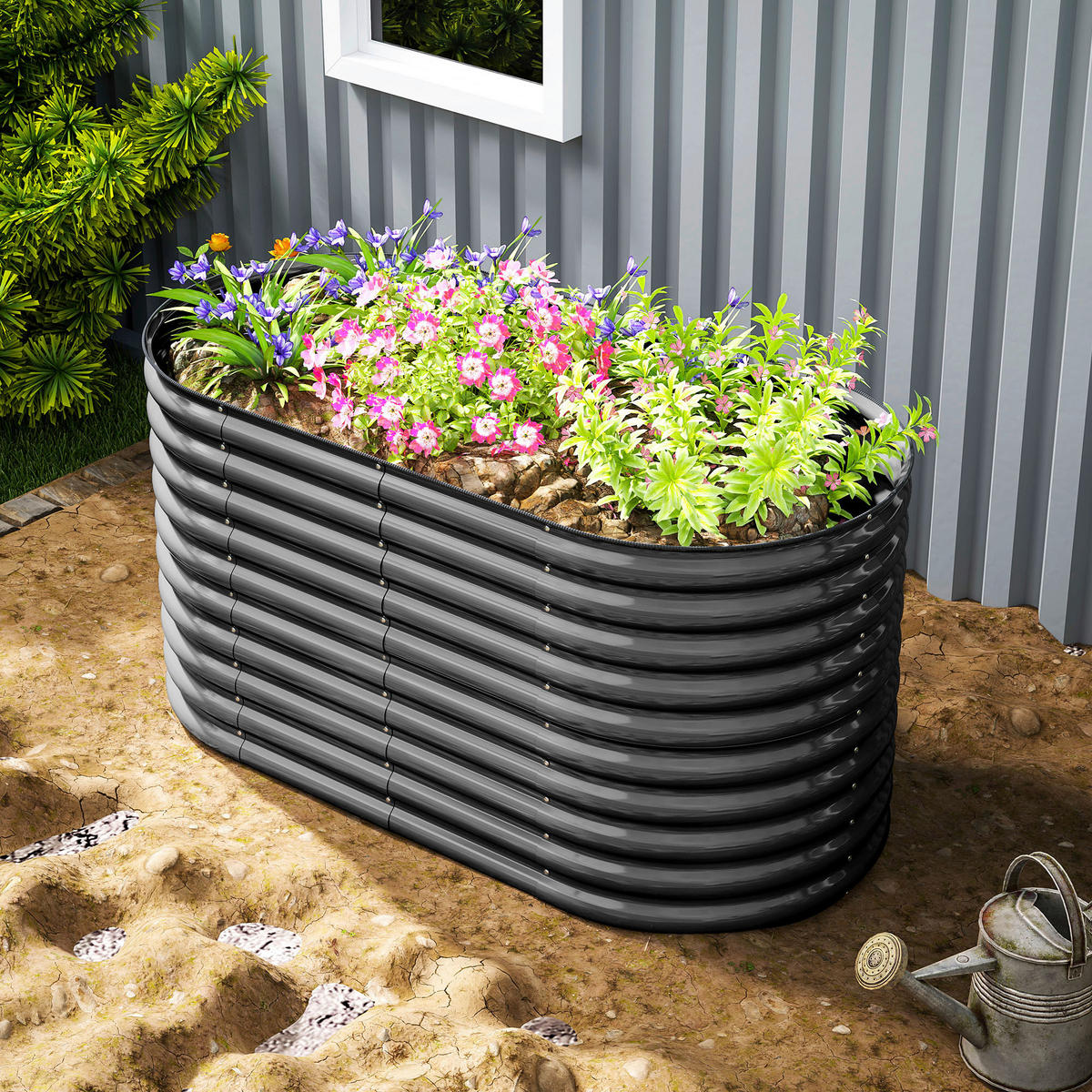 Outsunny Hochbeet dunkelgrau Stahl B/H/L: ca. 80x80x160 cm Hochbeet - dunkelgrau (160,00/80,00/80,00cm) - Outsunny