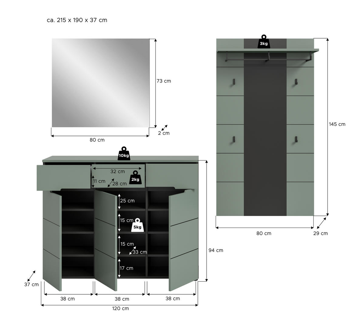 Garderobe Canu grün basaltgrau Nachbildung B/H/T: ca. 215x190x37 cm Canu - basaltgrau/grün (215,00/190,00/37,00cm) - xonox.home