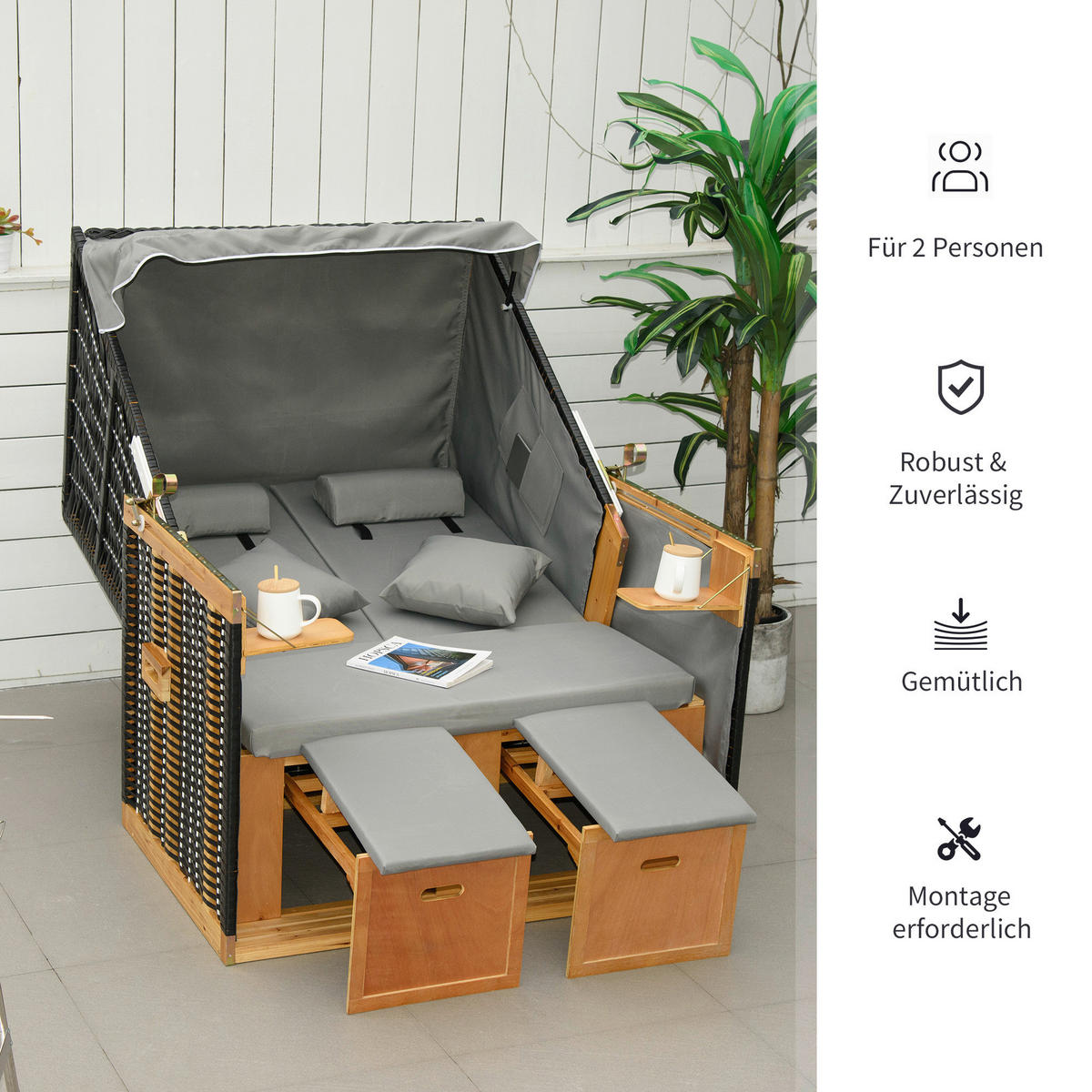 Outsunny Strandkorb hellgrau Edelstahl B/H/L: ca. 79x118x160 cm Strandkorb - hellgrau (160,00/79,00/118,00cm) - Outsunny