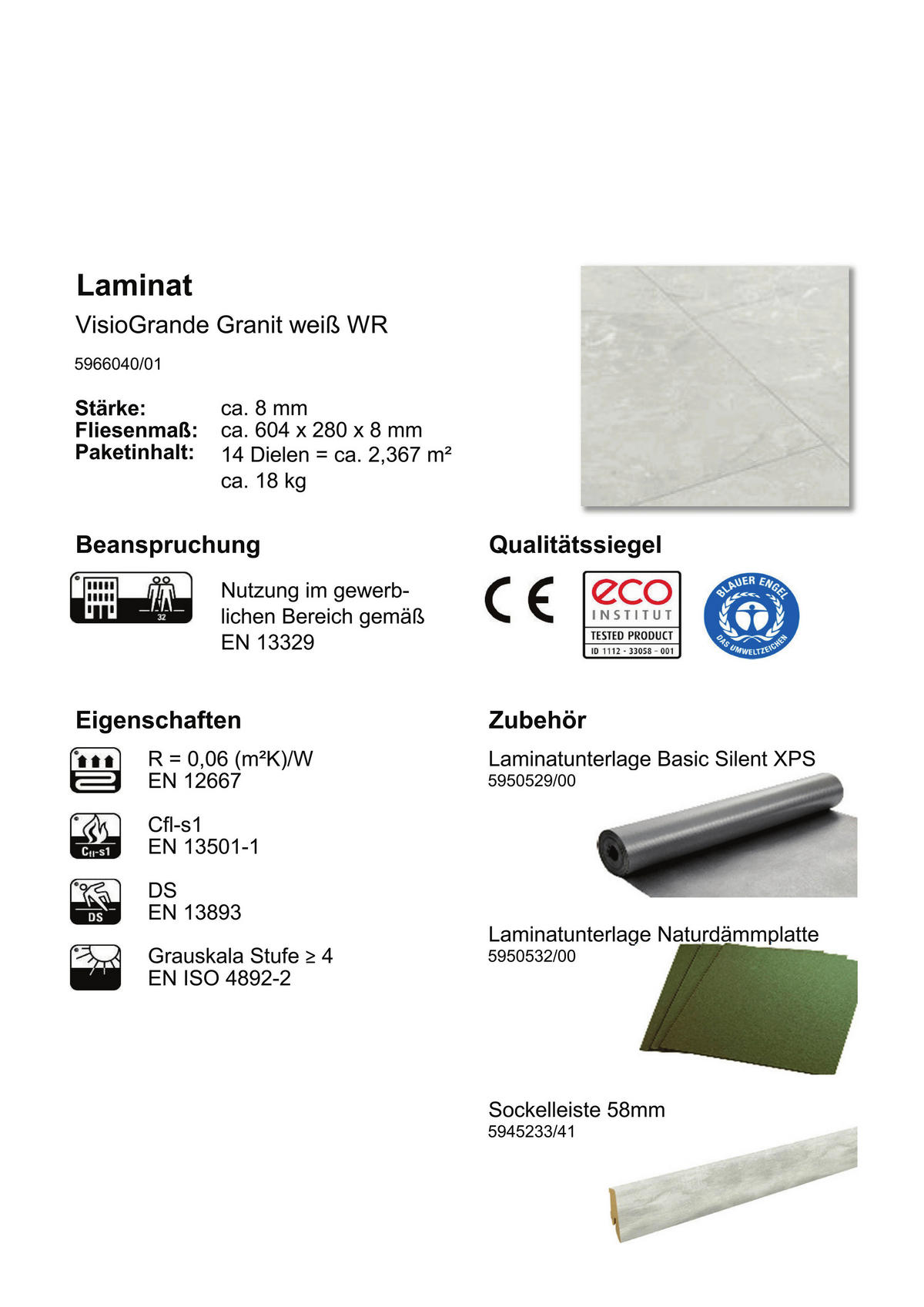 Visiogrande Laminatboden Granit weiß ca. 2,367 m² im Paket  B/L: ca. 28x60,4 cm pro Paket Granit weiß ca. 2,367 m² im Paket - weiß (28,00/60,40cm) - Visiogrande