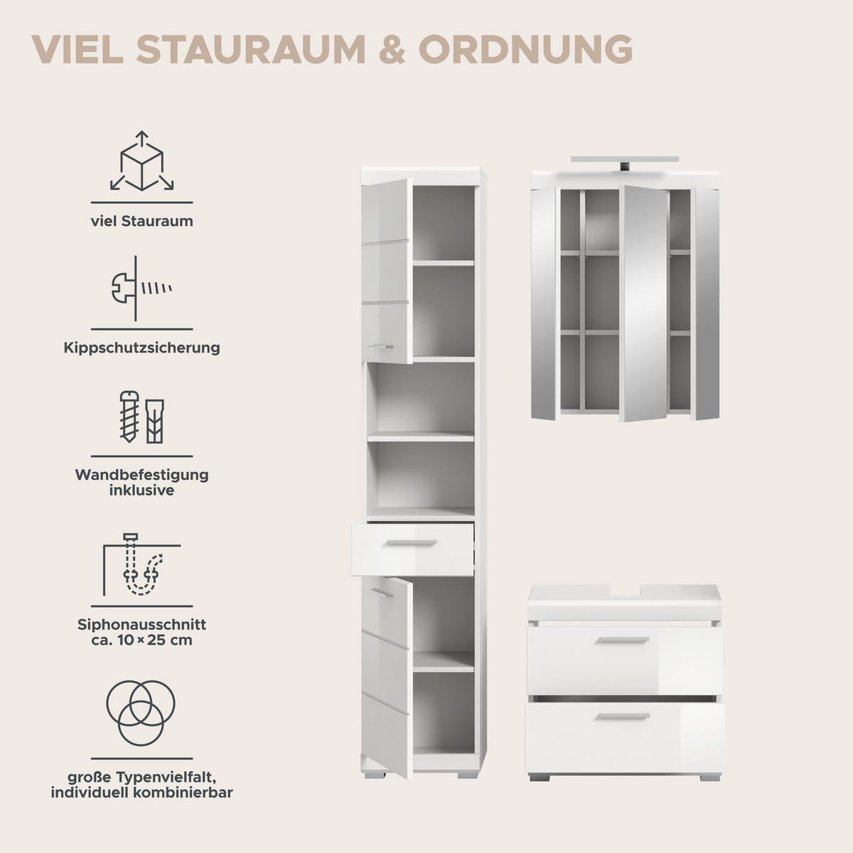 Badezimmer-Set Scout weiß weiß Hochglanz B/H/T: ca. 112x191x37 cm Scout - weiß (112,00/191,00/37,00cm) - xonox.home